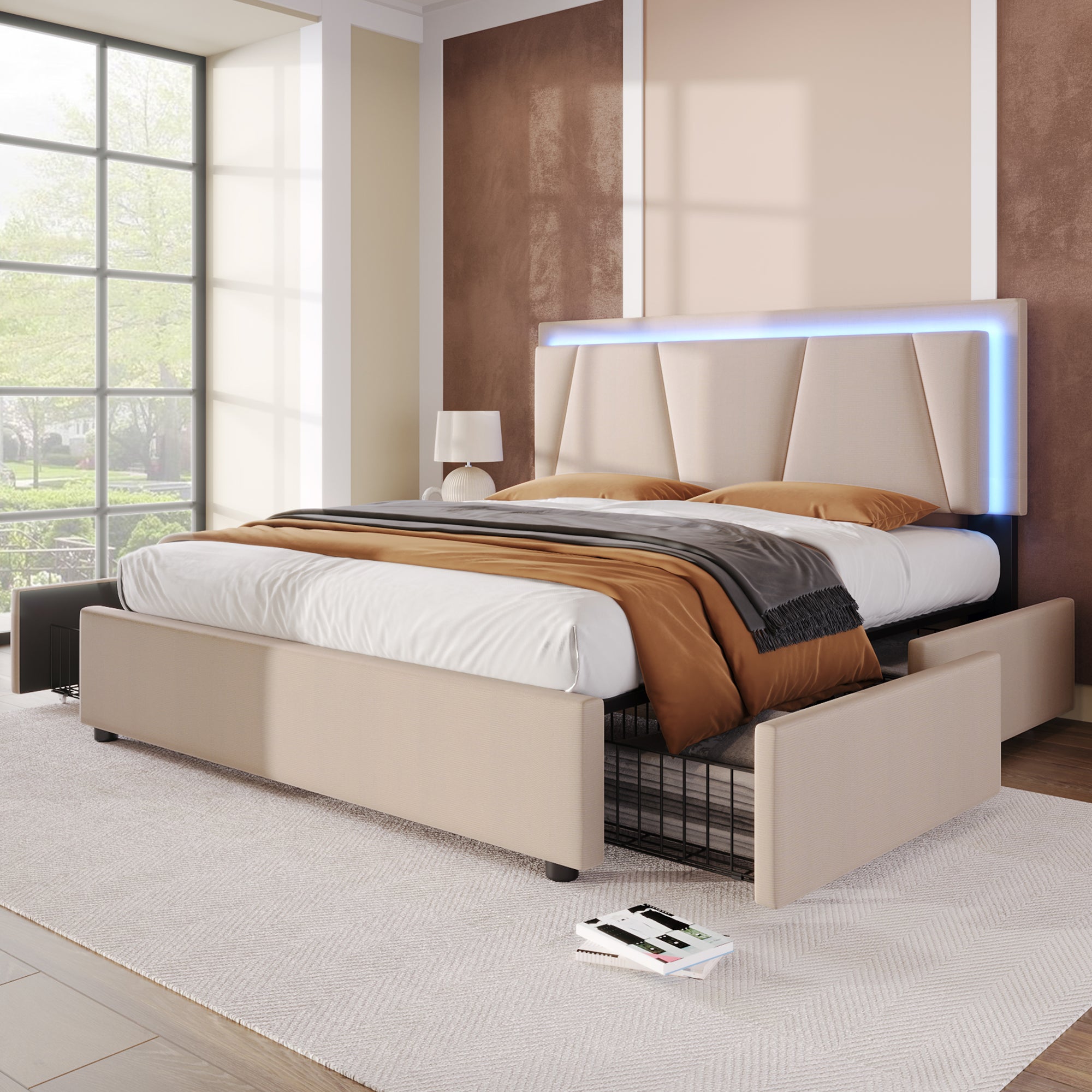 Upholstered Bed with LED Lighting, 4 Drawers and Height-Adjustable Headboard, 160x200cm, Beige Velvet