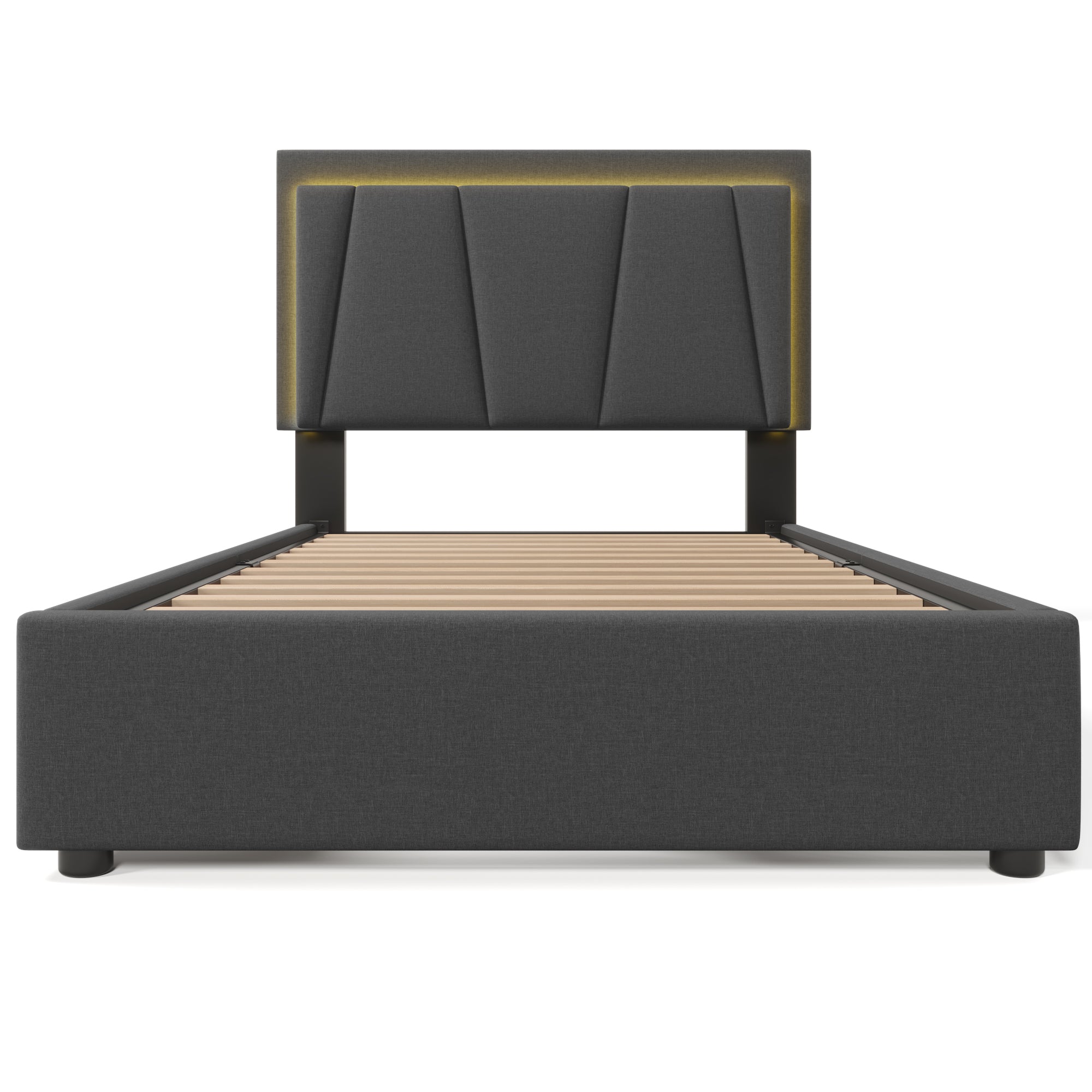 Upholstered Bed, Single 90x200cm, LED & 2 Drawers, Wooden Slatted Frame, Garu