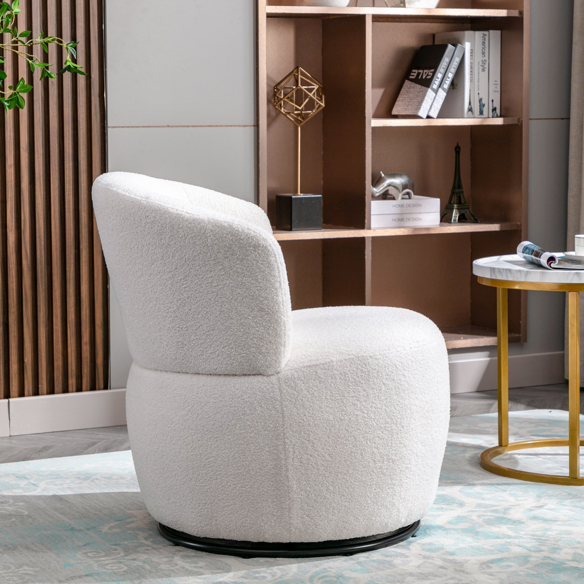 Teddy Plush Swivel Chair with Lumbar Cushion, 100 kg Load Capacity, White