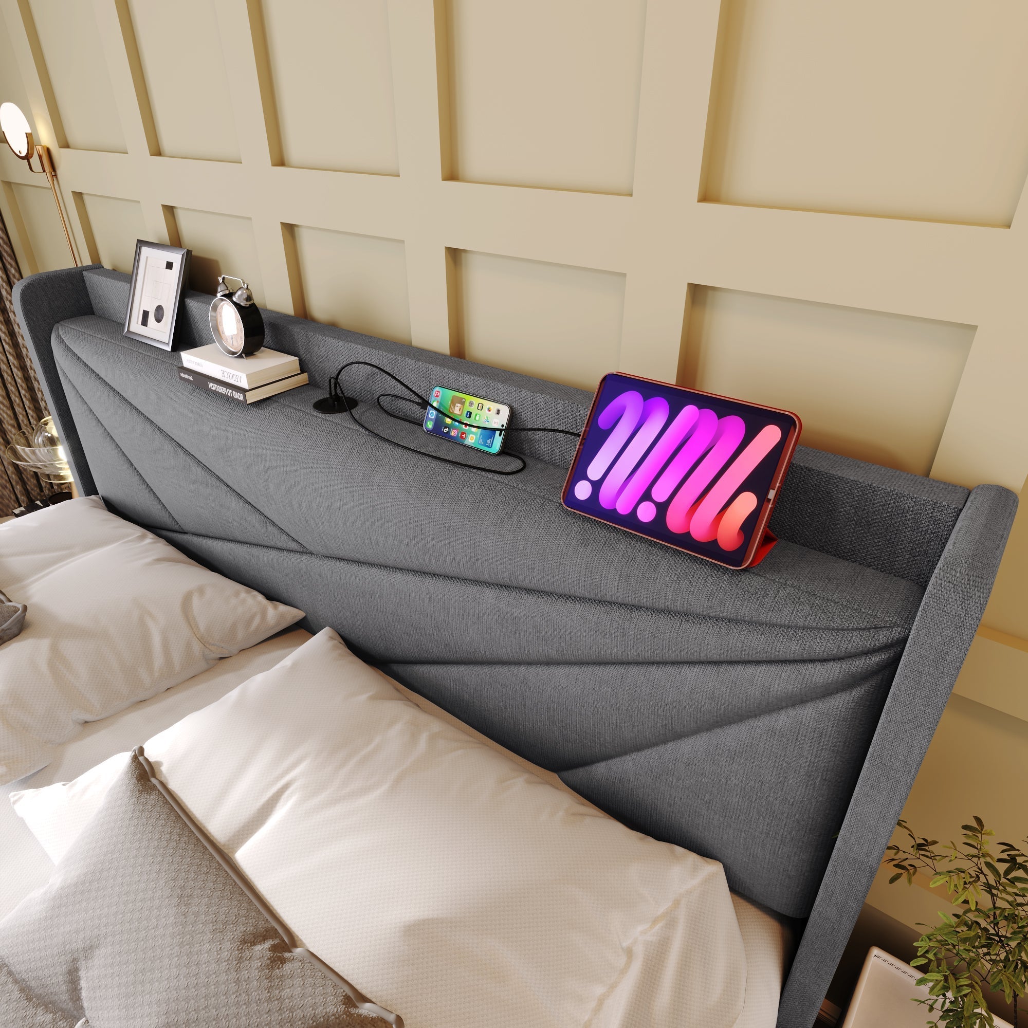 Upholstered Bed Storage USB Type C Headboard 180x200 Slatted Base, Linen Material