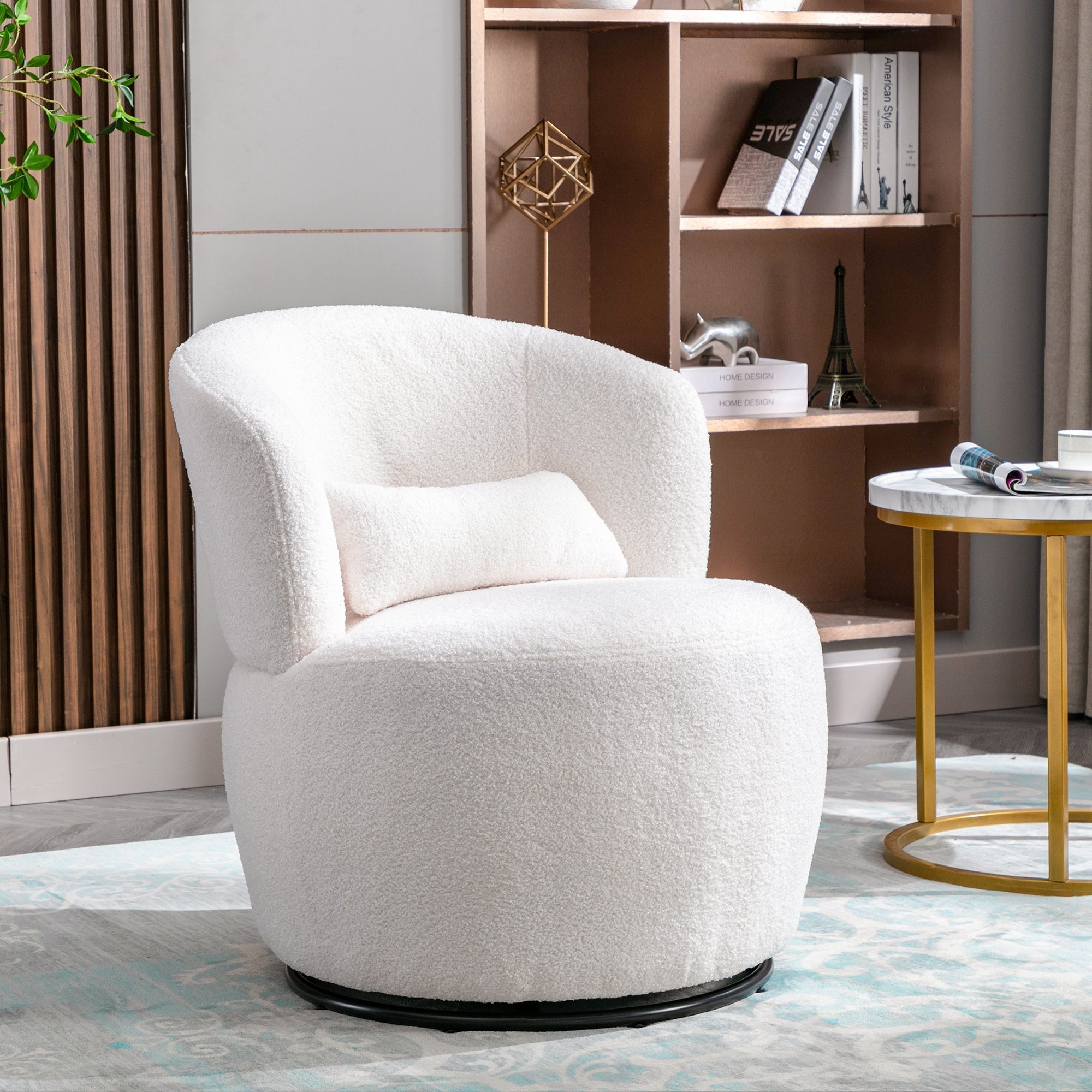 Teddy Plush Swivel Chair with Lumbar Cushion, 100 kg Load Capacity, White