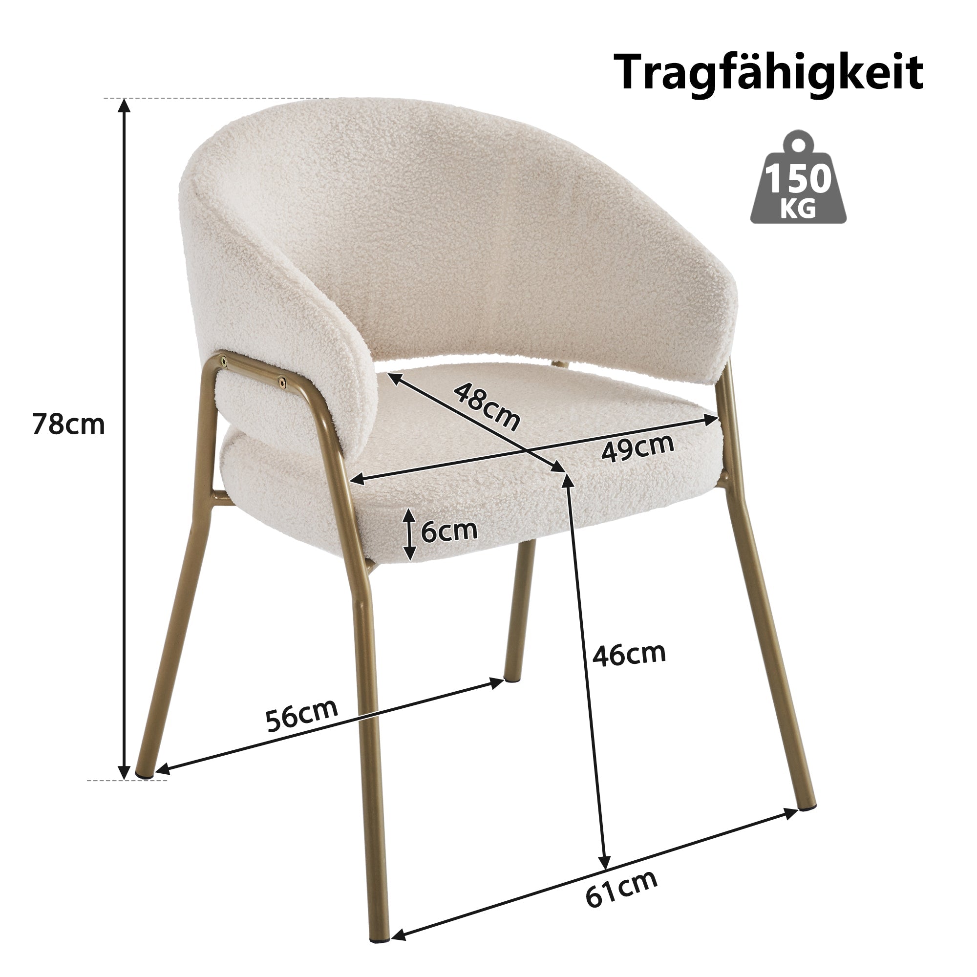 Dining Chair (Set of 2), Modern Lambskin Velvet with Golden Legs, White/Gold