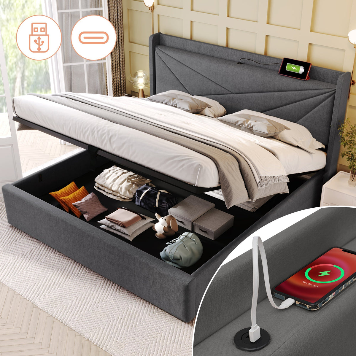 Upholstered Bed Storage USB Type C Headboard 180x200 Slatted Base, Linen Material