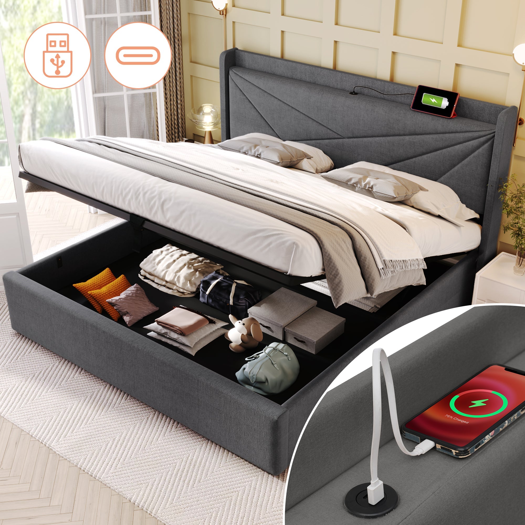 Upholstered Double Bed with Storage, USB Type C Charging and Slatted Base, 180x200cm, Linen material