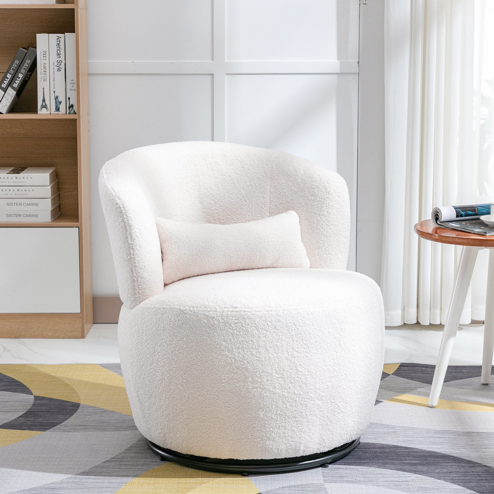 Teddy Plush Swivel Chair with Lumbar Cushion, 100 kg Load Capacity, White