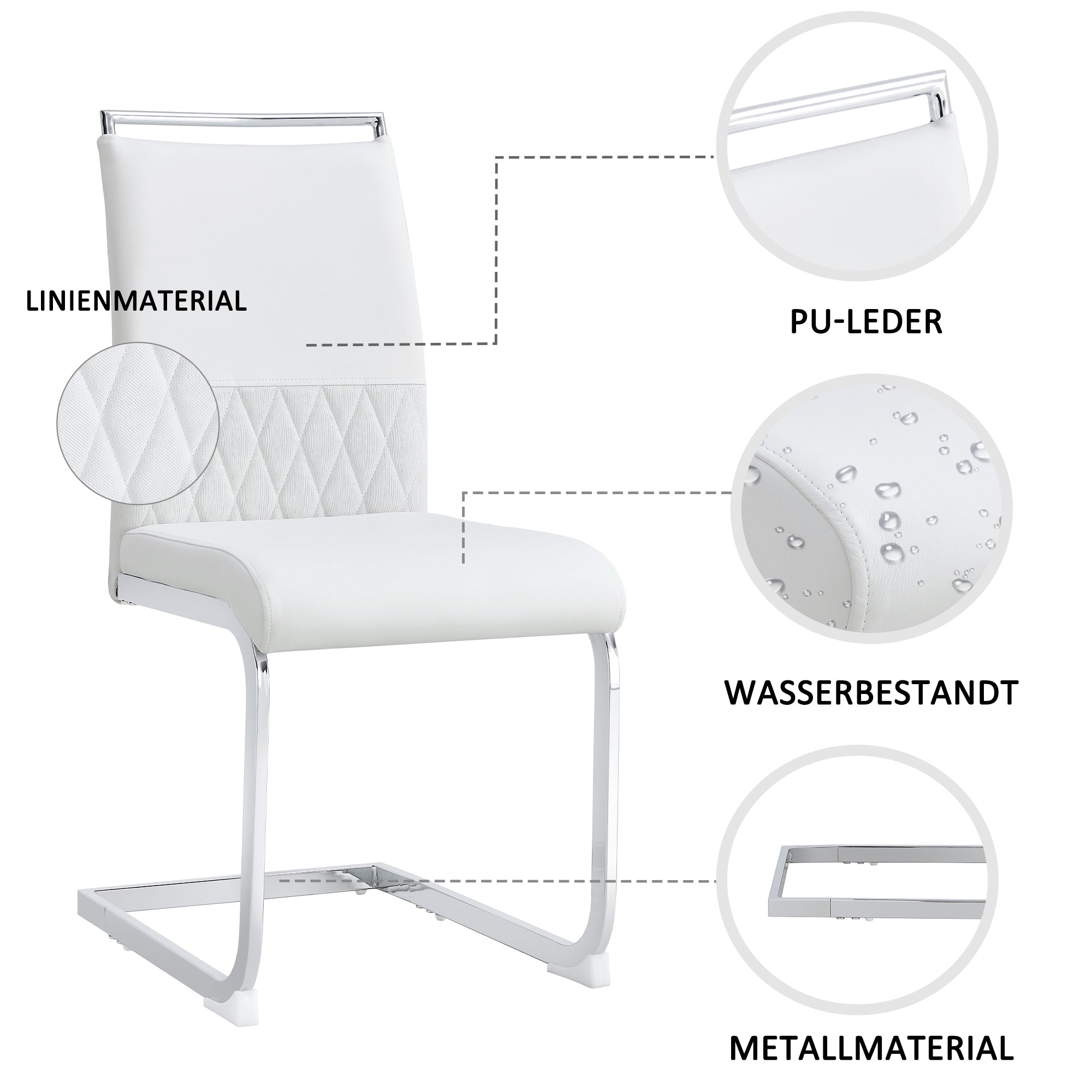 Dining Chairs Set of 6 Upholstered High-Back PU Leather Linen White