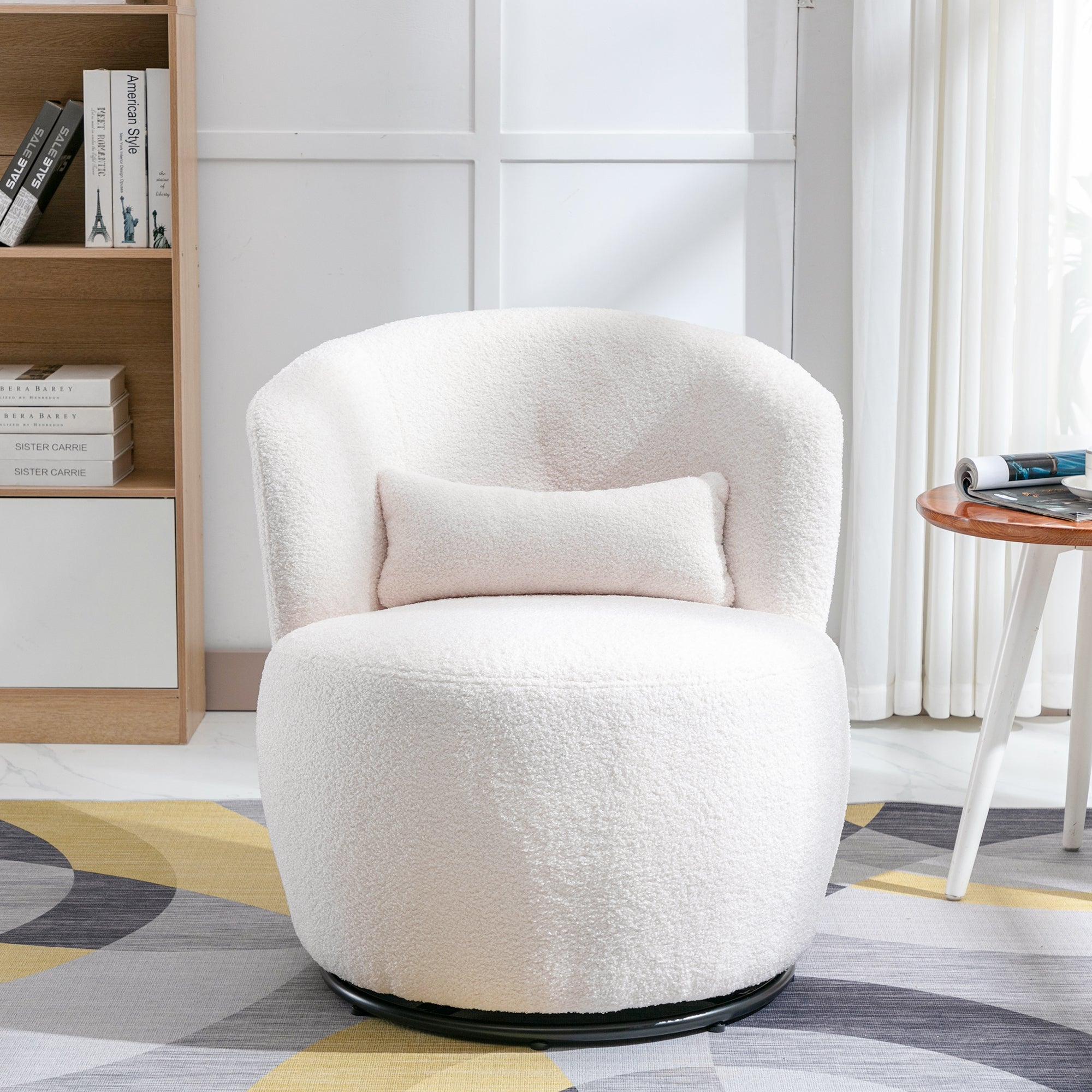Teddy Plush Swivel Chair with Lumbar Cushion, 100 kg Load Capacity, White
