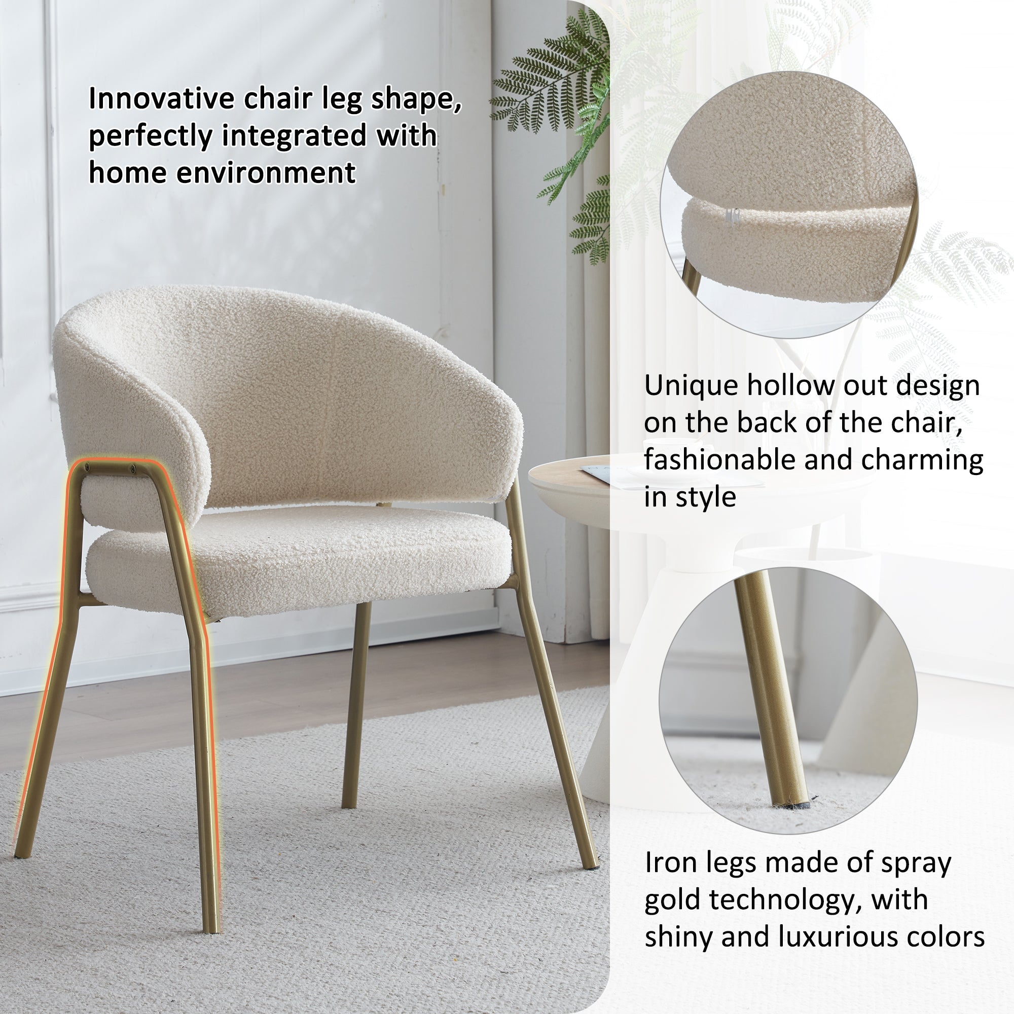 Dining Chair Modern Lambskin Velvet Golden Legs (1 pc) White/Gold