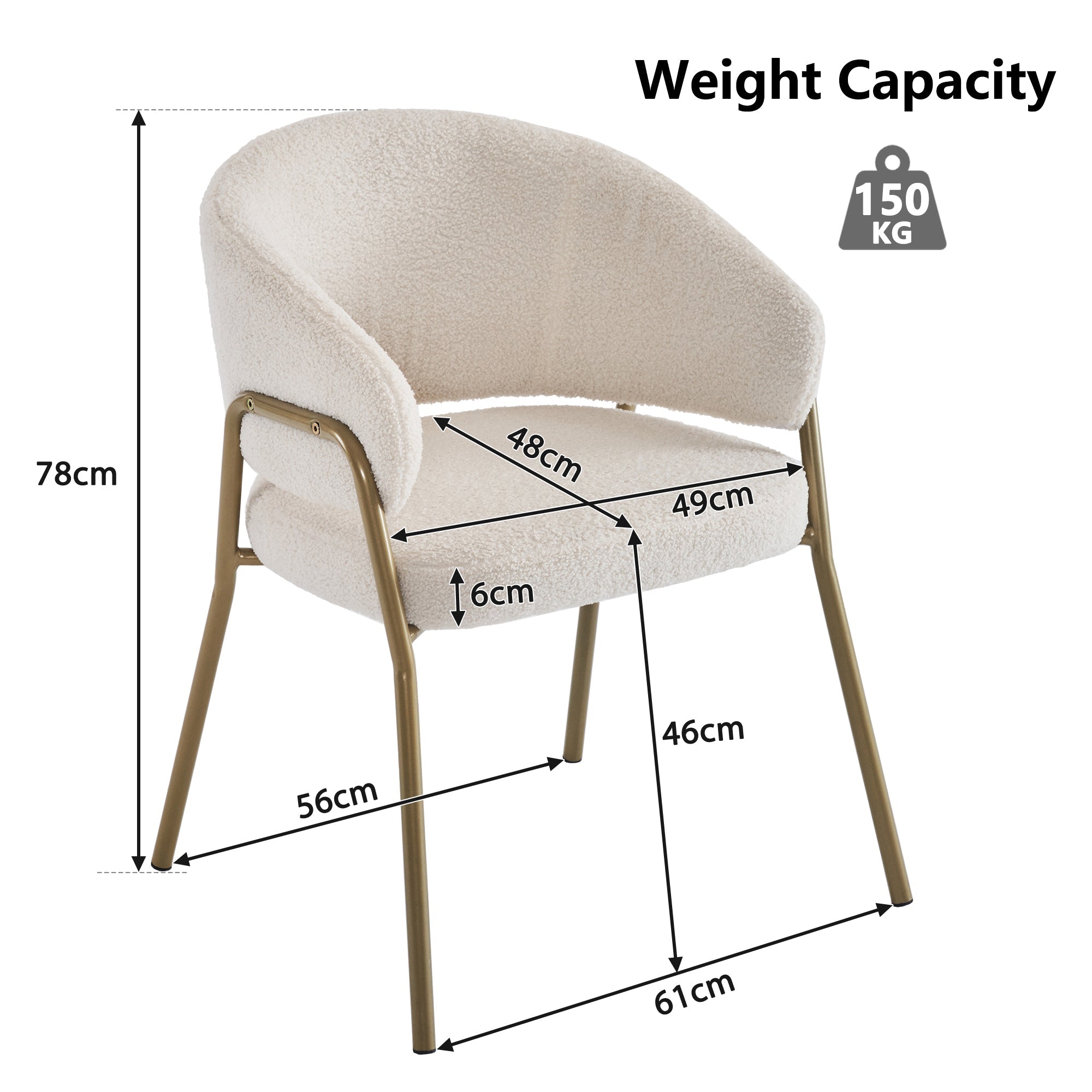 Dining Chair (Set of 2), Modern Lambskin Velvet with Golden Legs, White/Gold