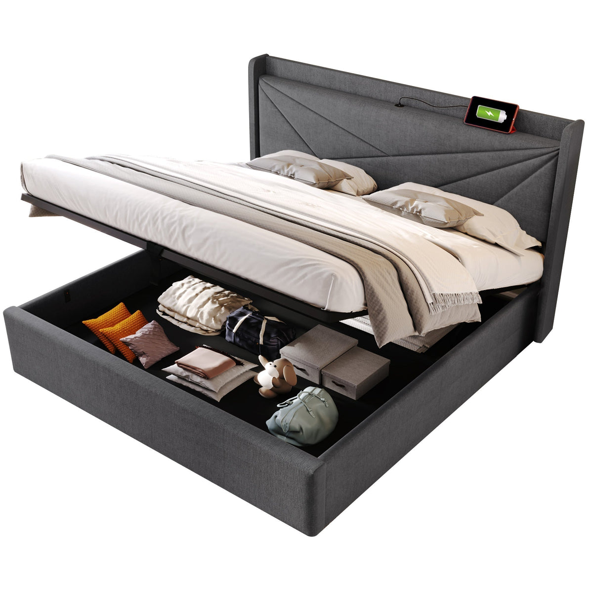 Upholstered Bed Storage USB Type C Headboard 180x200 Slatted Base, Linen Material