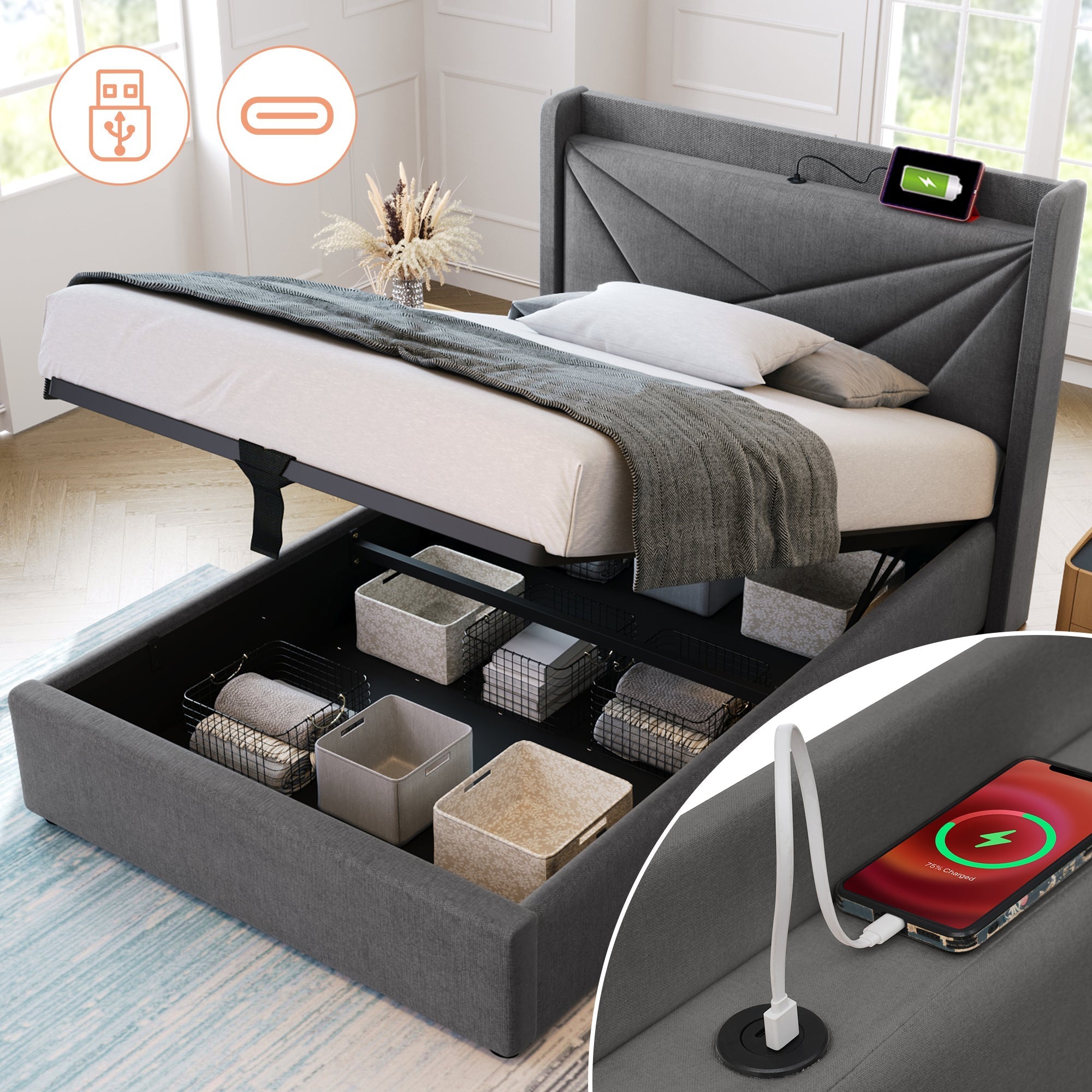 Upholstered Bed, Single with Storage & USB Headboard, Linen