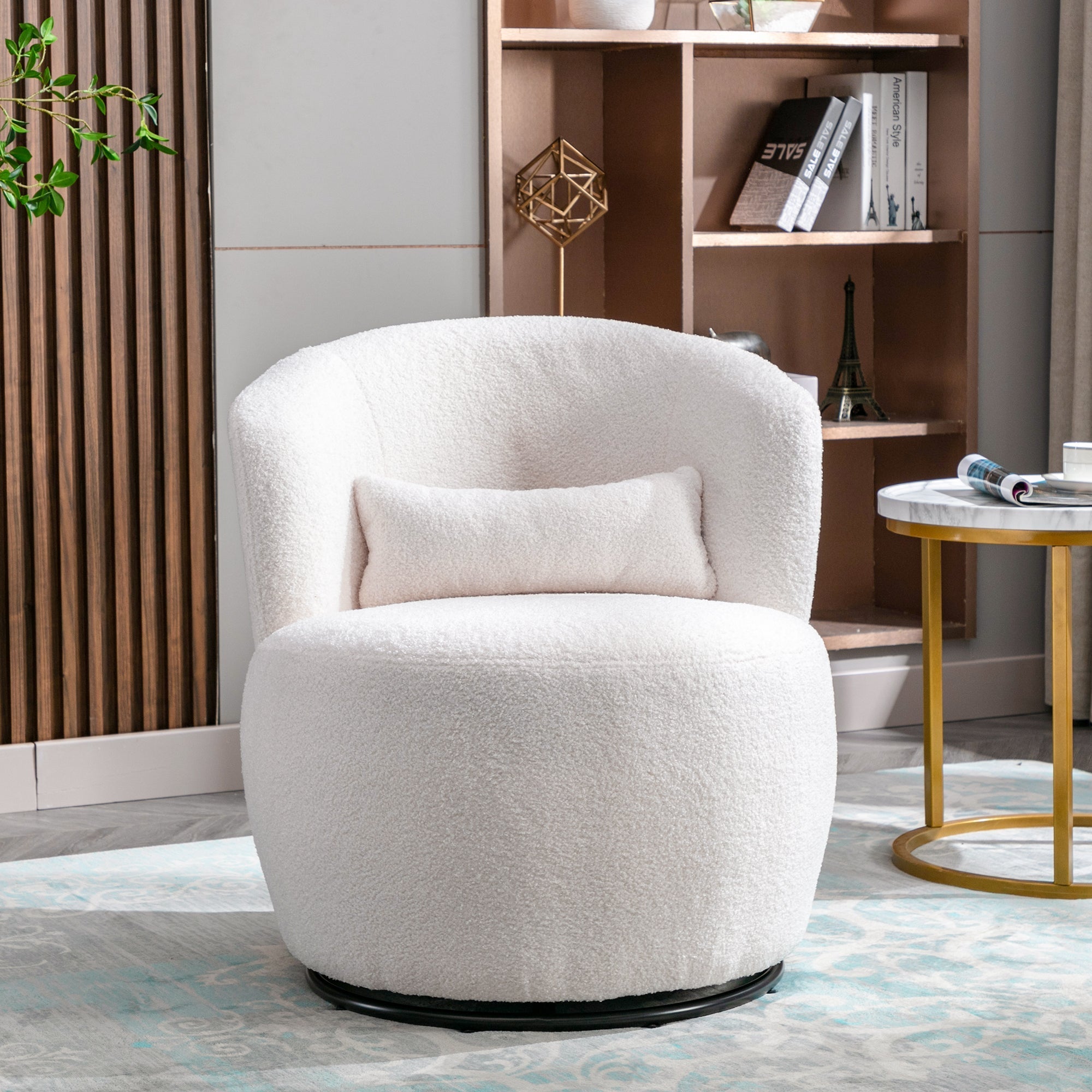 Teddy Plush Swivel Chair with Lumbar Cushion, 100 kg Load Capacity, White
