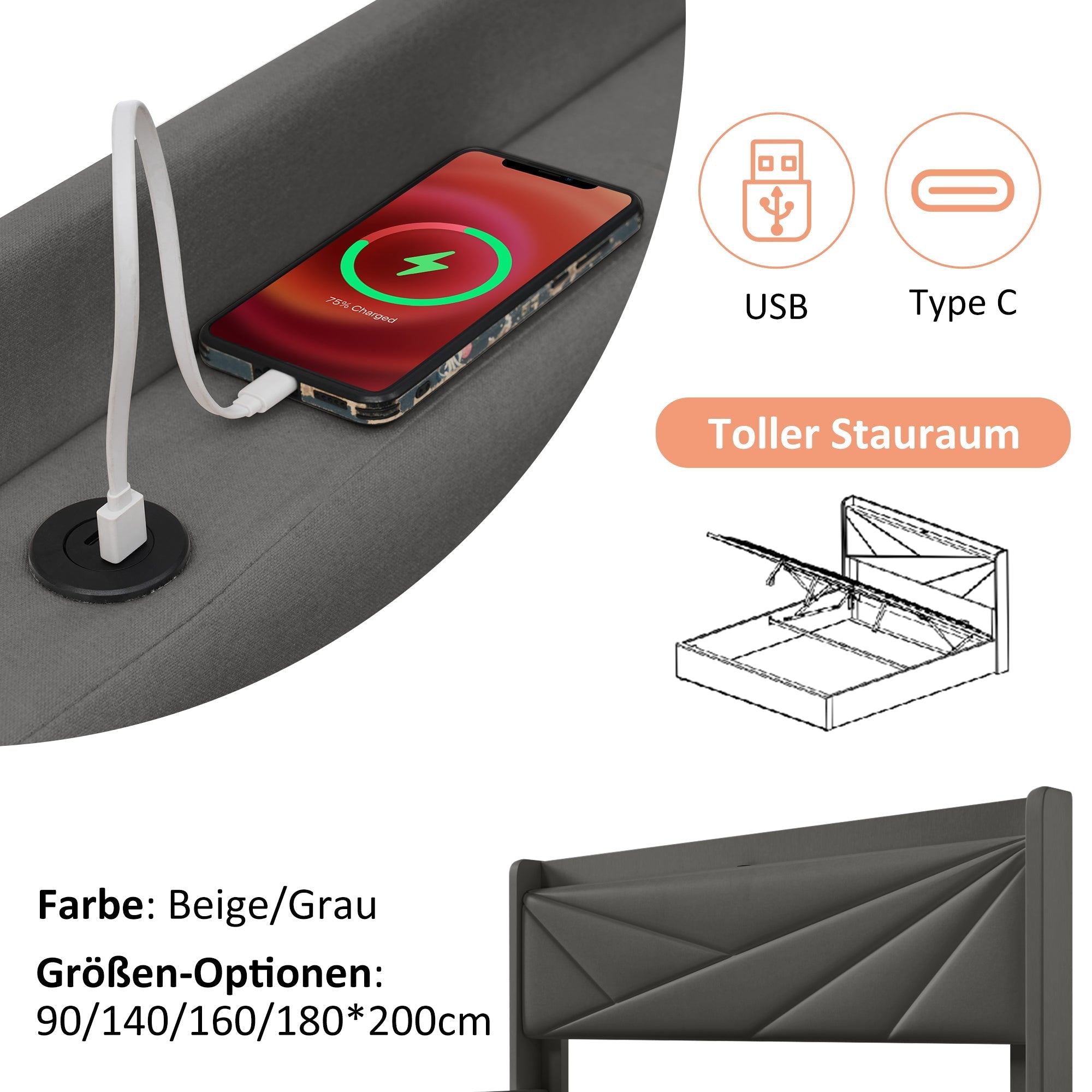 Upholstered Bed, Single Storage with USB Type C Headboard, Linen
