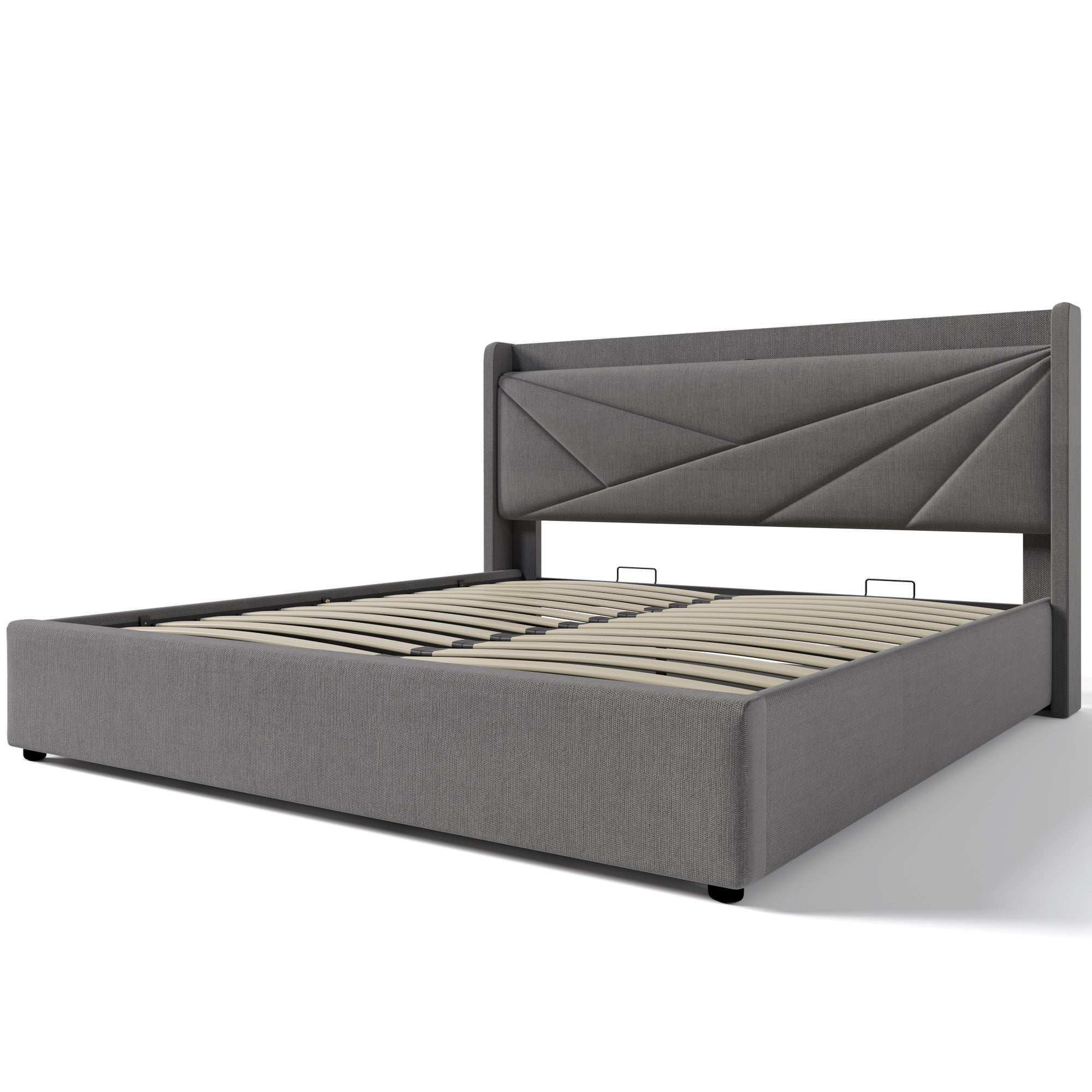 Upholstered Double Bed with Storage, USB Type C Charging and Slatted Base, 180x200cm, Linen material