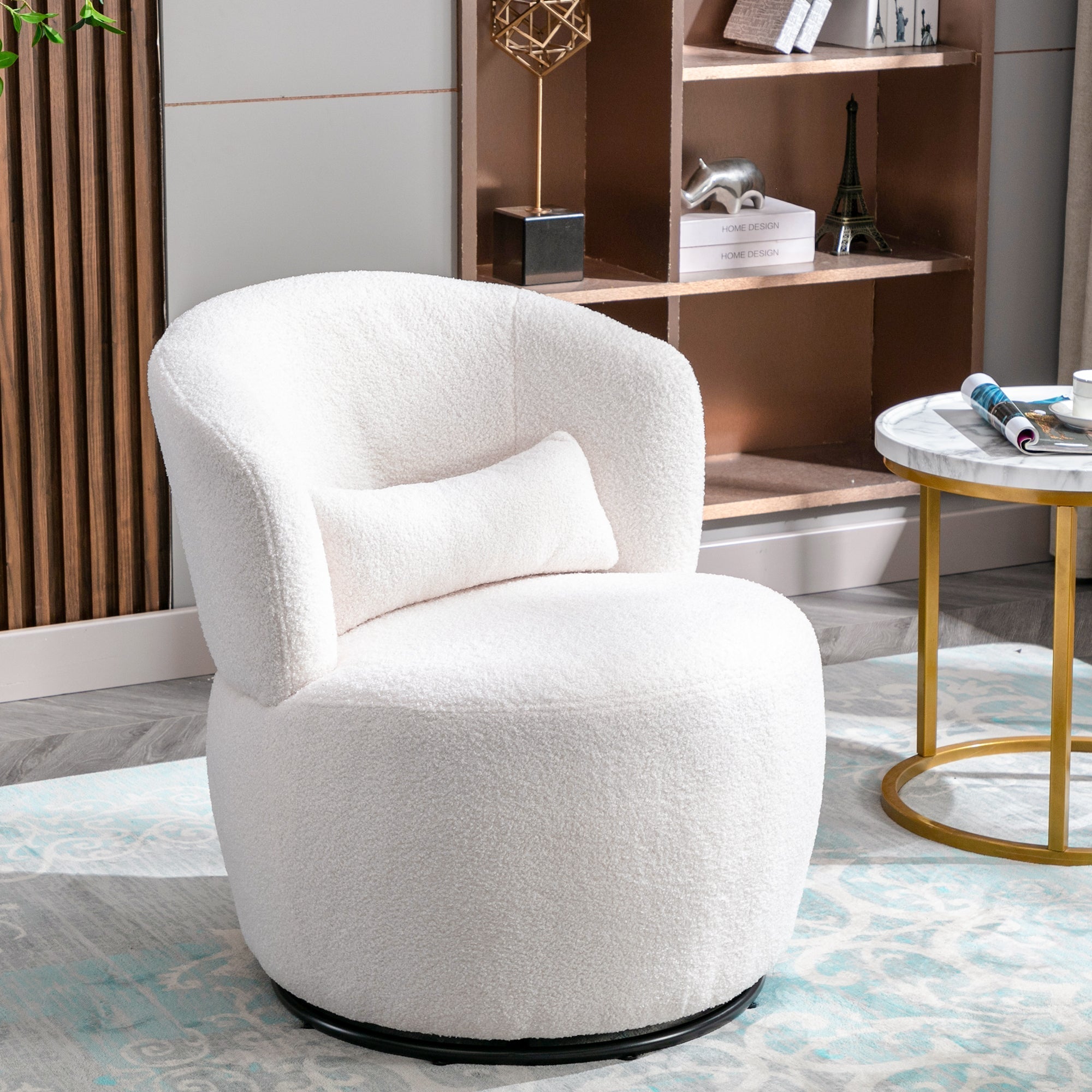 Teddy Plush Swivel Chair with Lumbar Cushion, 100 kg Load Capacity, White