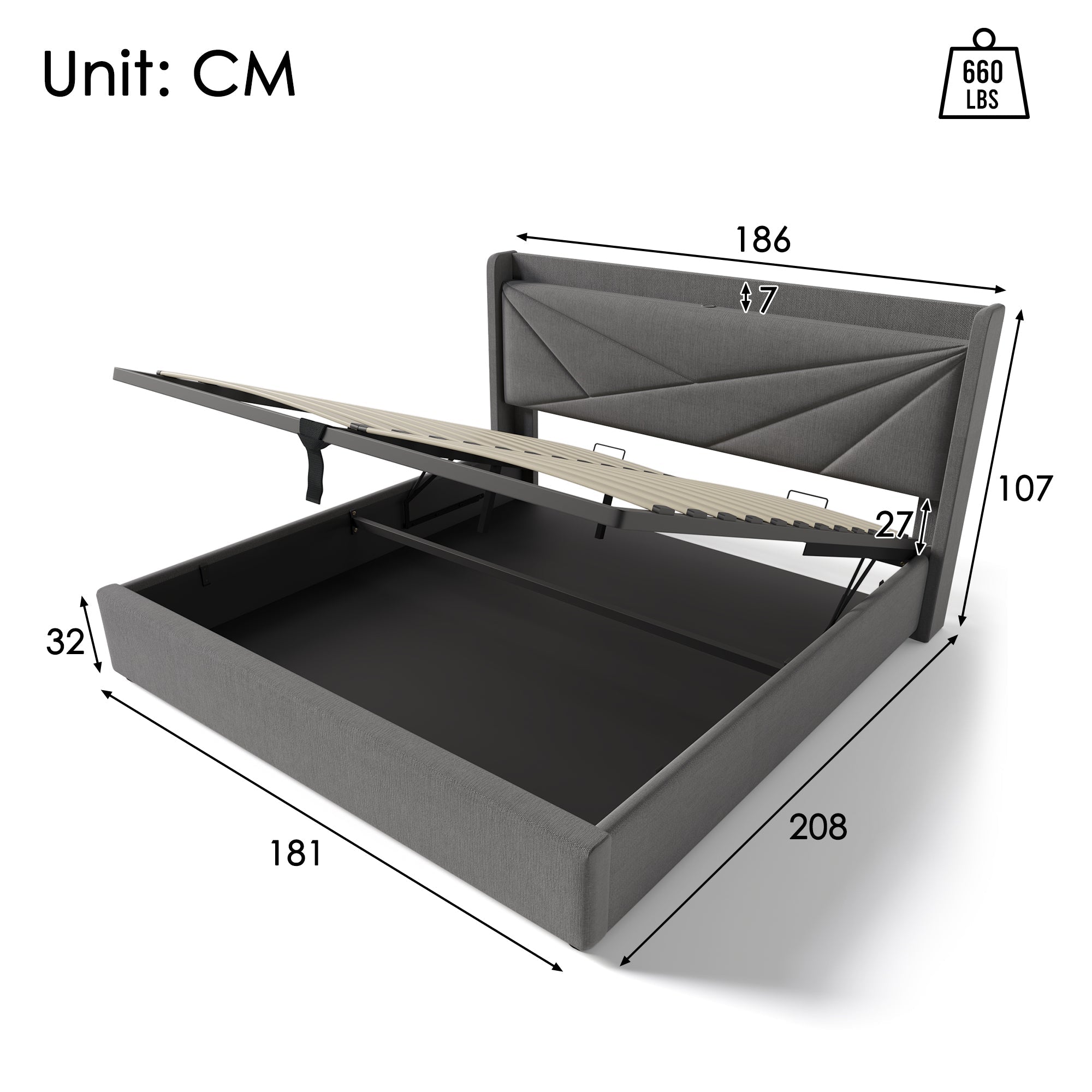 Upholstered Double Bed with Storage, USB Type C Charging and Slatted Base, 180x200cm, Linen material