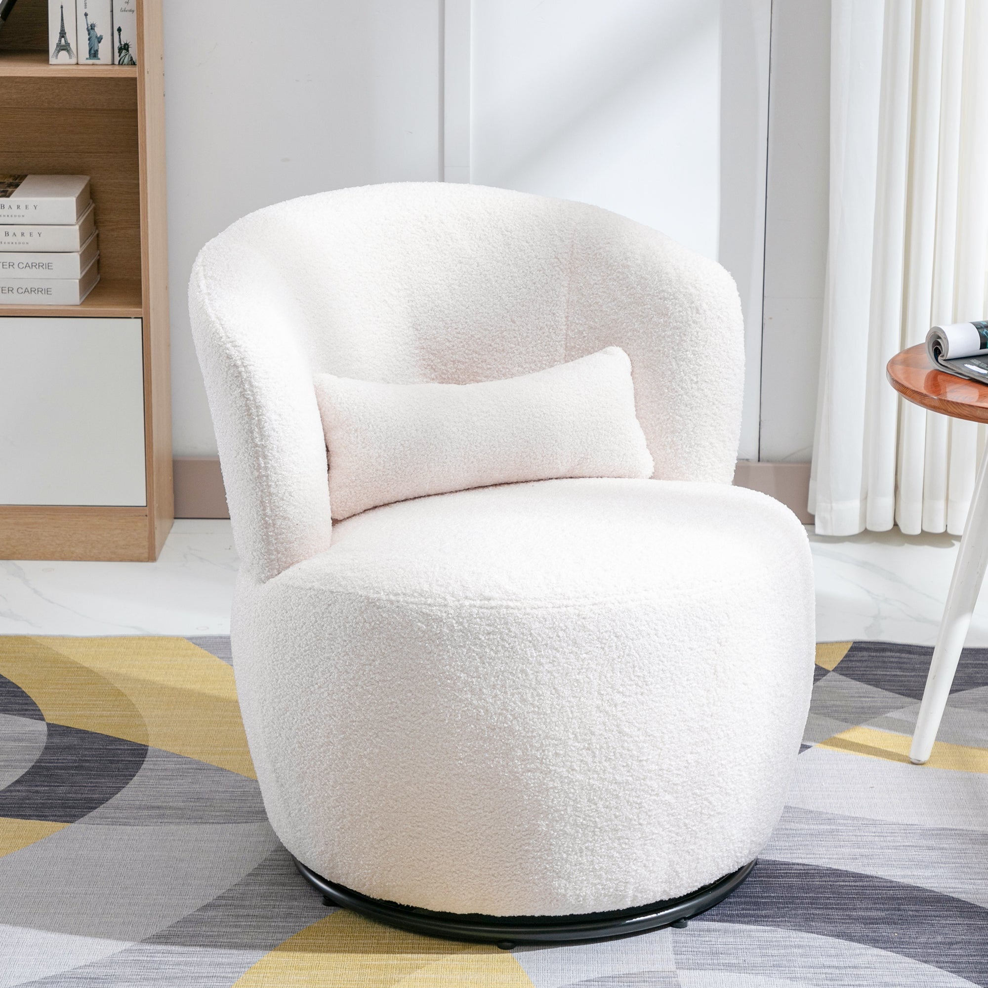 Teddy Plush Swivel Chair with Lumbar Cushion, 100 kg Load Capacity, White