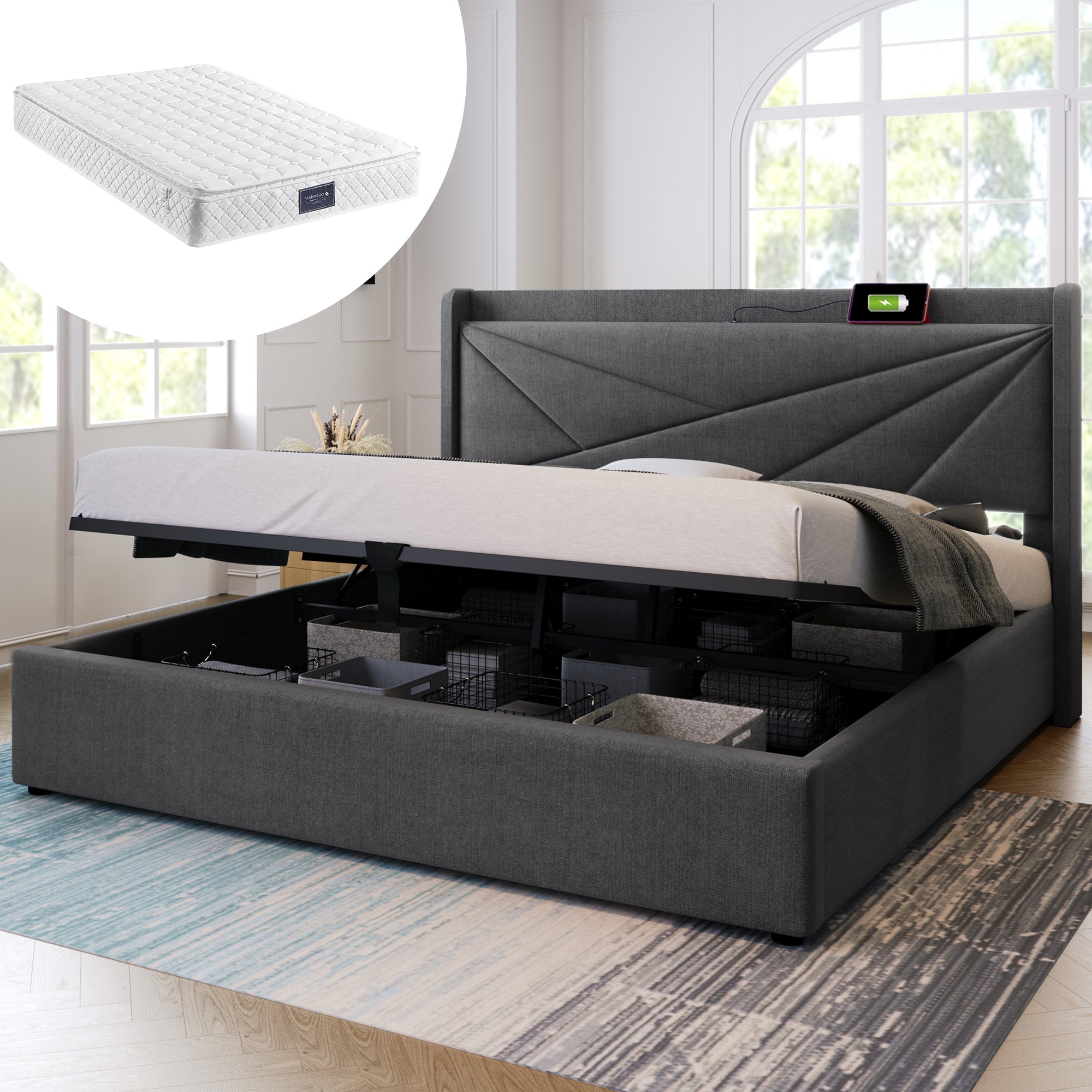 Upholstered Bed, Double with Storage & USB Type-C Headboard, Linen