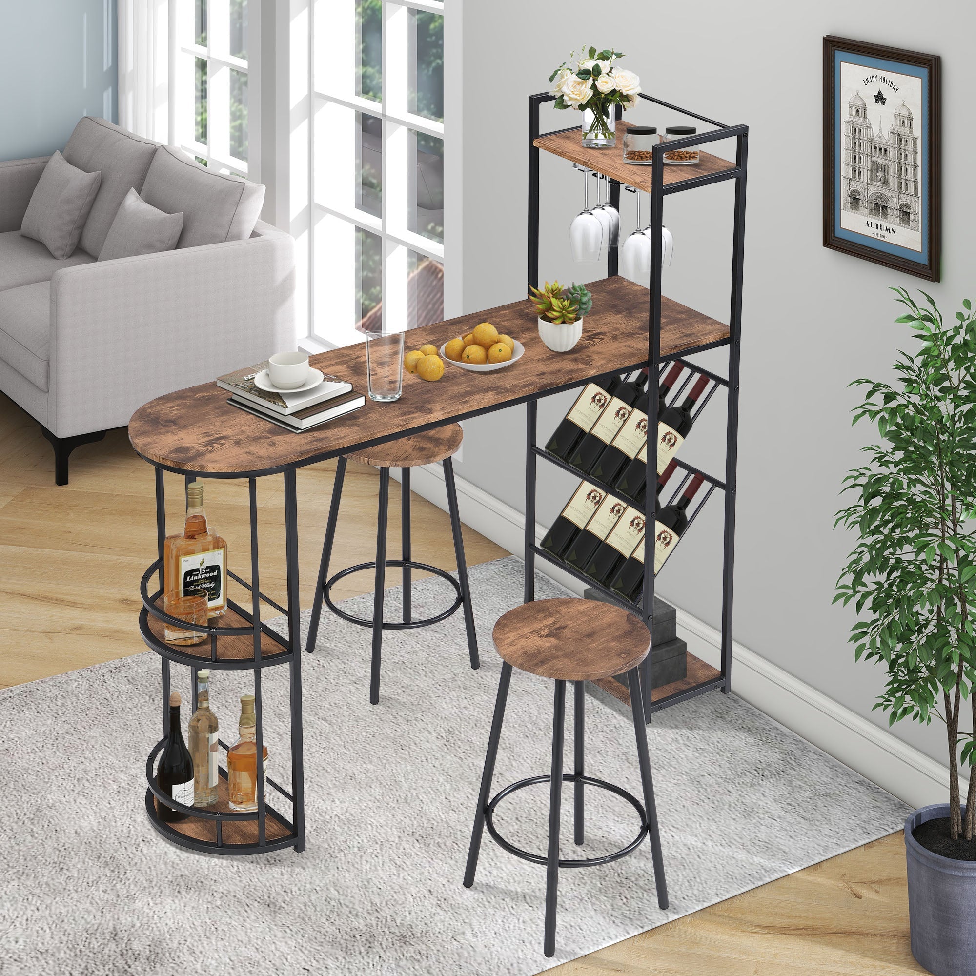 Industrial Bar Table Set: Chairs, Counter Height, Wine Rack