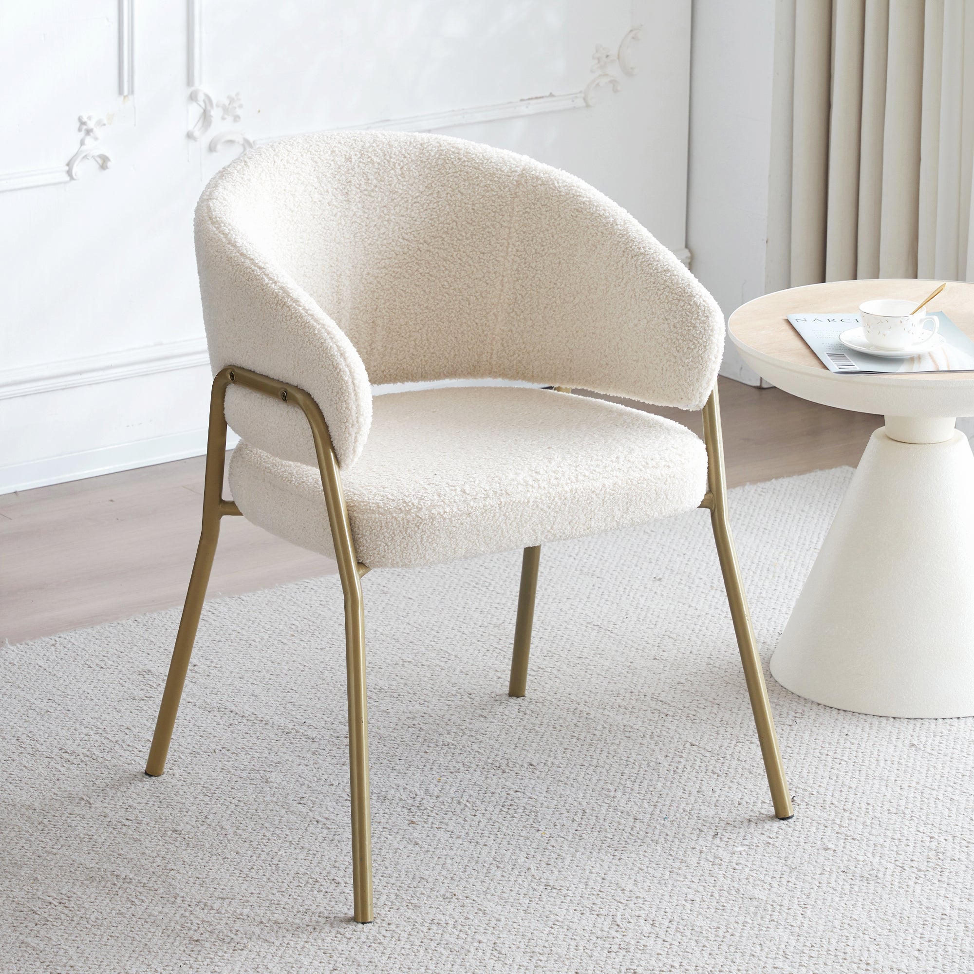 Dining Chair (Set of 6) Modern Lambskin Velvet Upholstered Golden Legs White/Gold