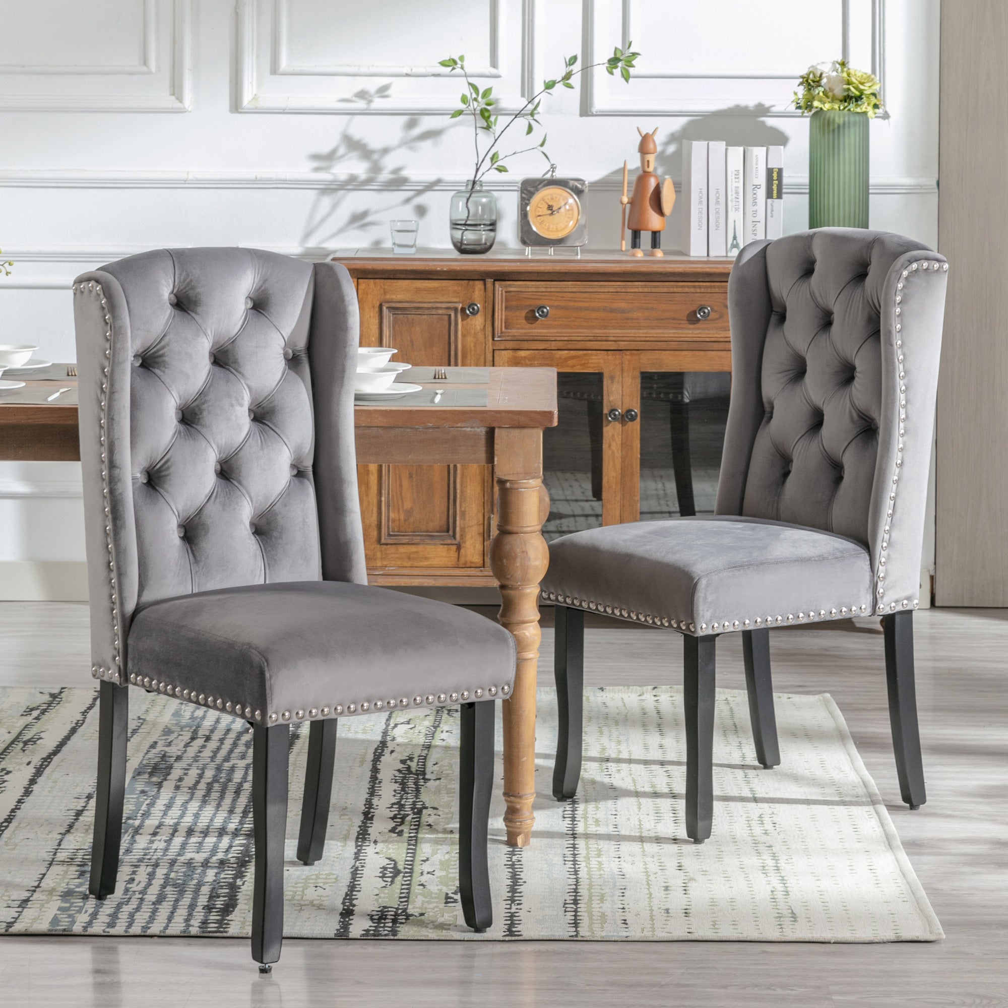 Velvet Dining Chairs Set of 4 with Oak Legs and Chrome Knockers, Grey