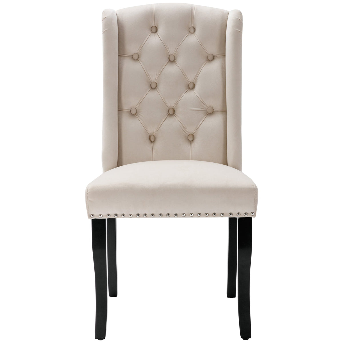 Velvet Dining Chairs Set of 2 Knocker Trim Oak Legs - Beige