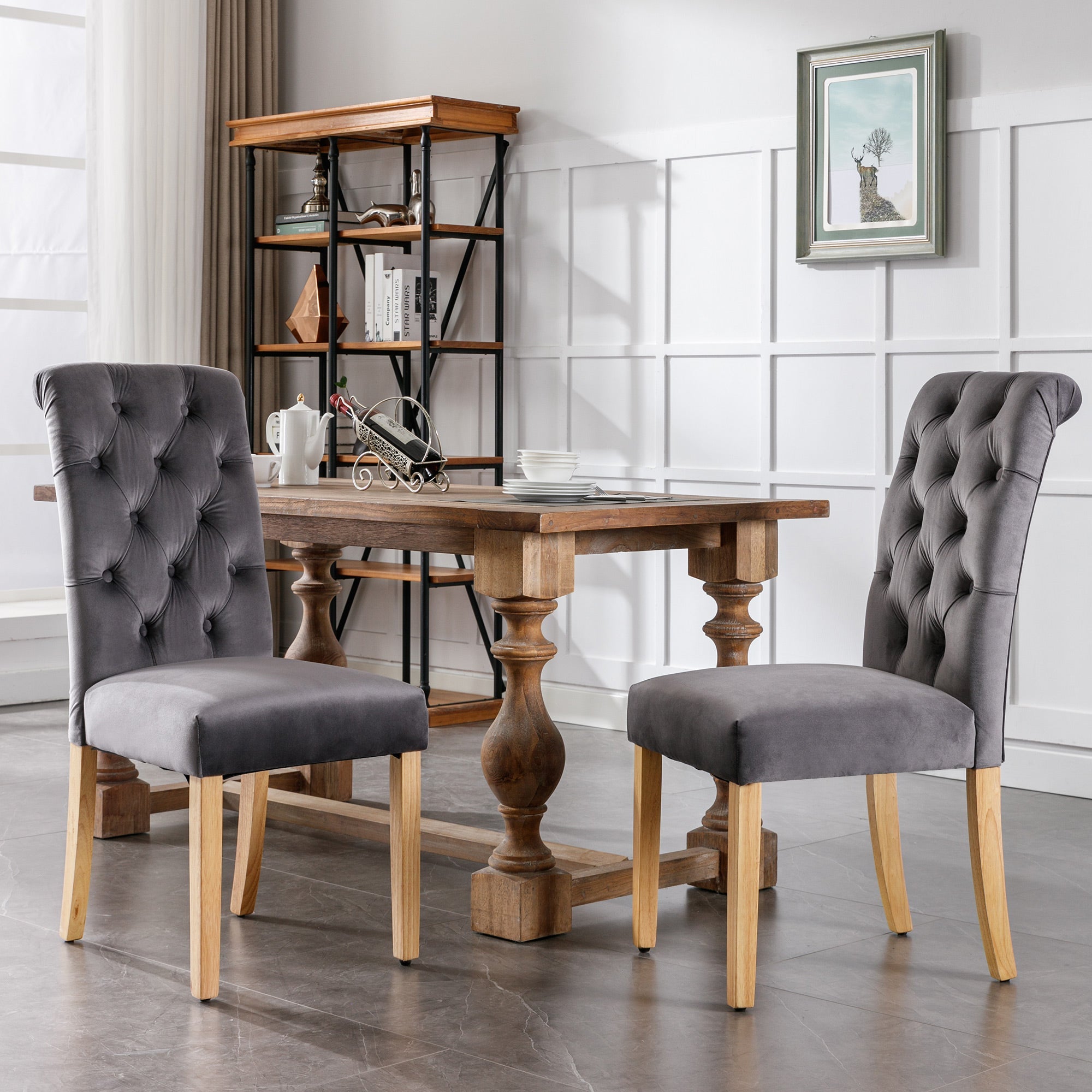 Velvet Dining Chairs, Set of 6, Oak Legs, Chrome Knockers, Grey