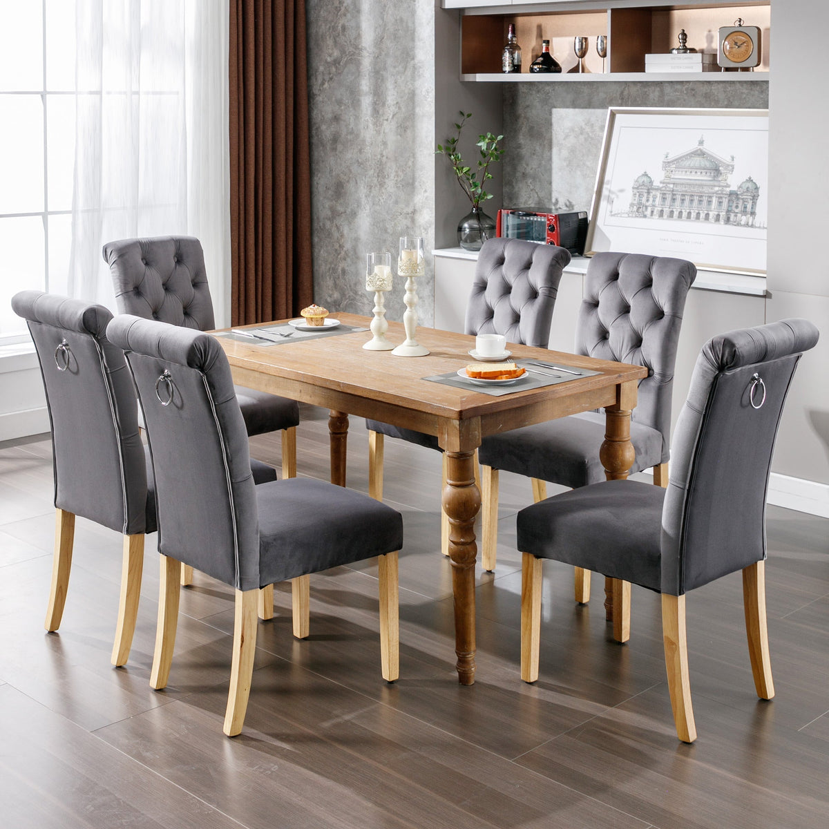 Velvet Dining Chairs Set of 2 Oak Legs Chrome Knockers Grey