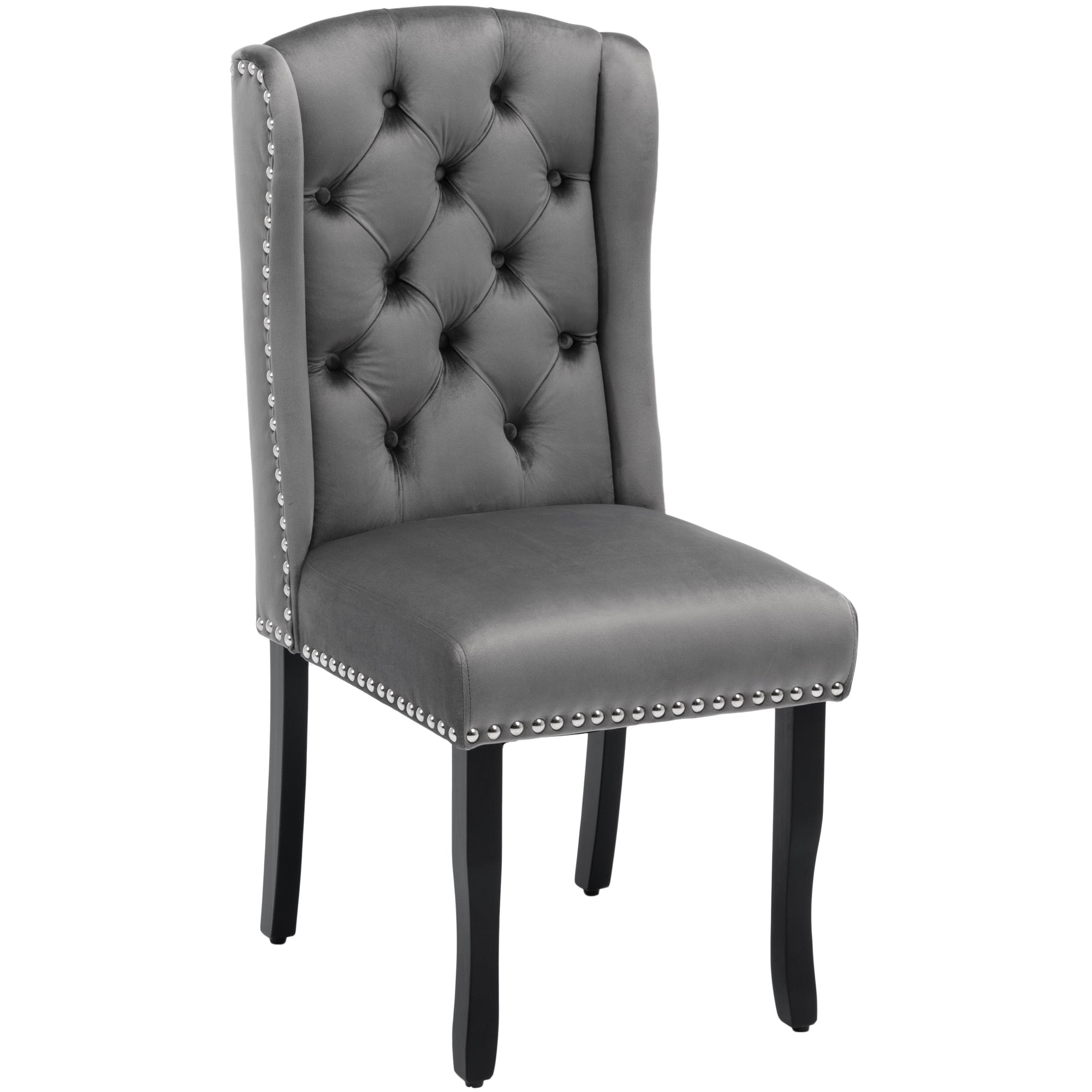Velvet Dining Chairs Set of 6 | Oak Legs Chrome Knocker Nailhead Trim - Grey