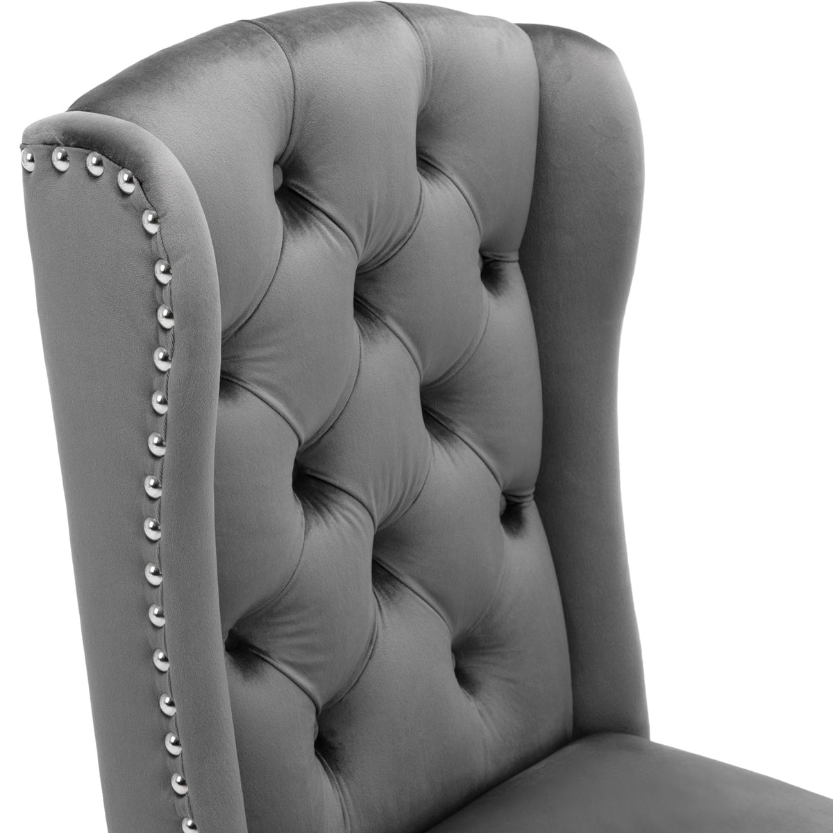 Velvet Dining Chairs Set of 6 | Oak Legs Chrome Knocker Nailhead Trim - Grey