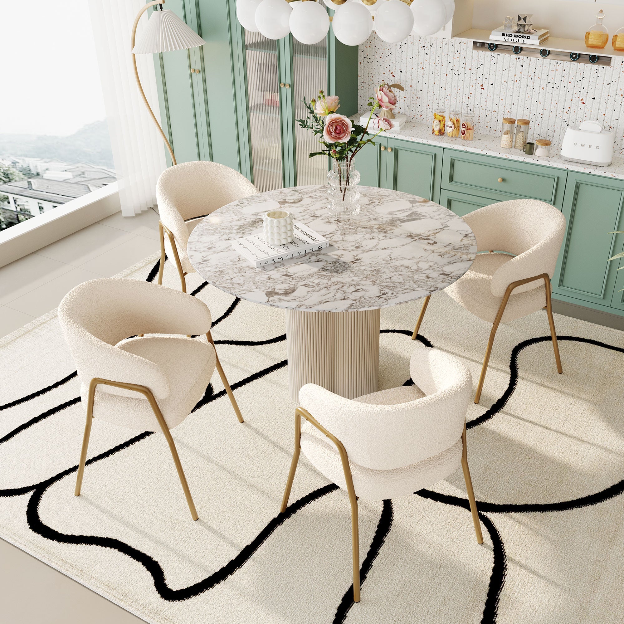Dining Chair (4 pcs) Modern Lambskin Velvet with Golden Legs White/Gold Finish