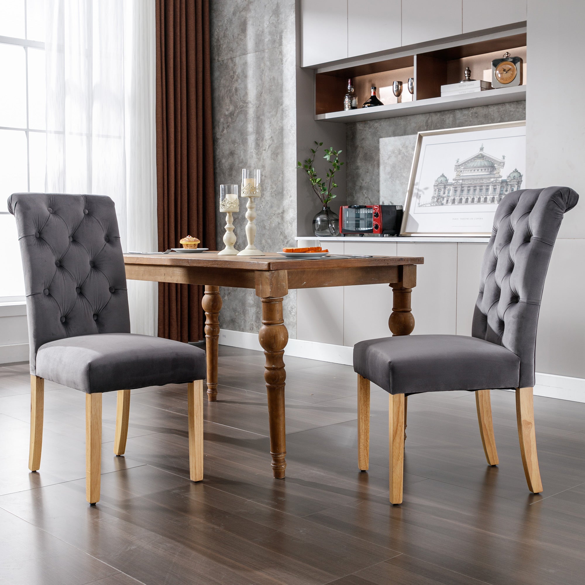 Velvet Dining Chairs Set of 2 Oak Legs Chrome Knockers Grey
