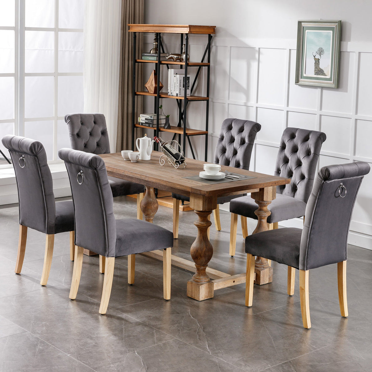 Velvet Dining Chairs Set of 2 Oak Legs Chrome Knockers Grey