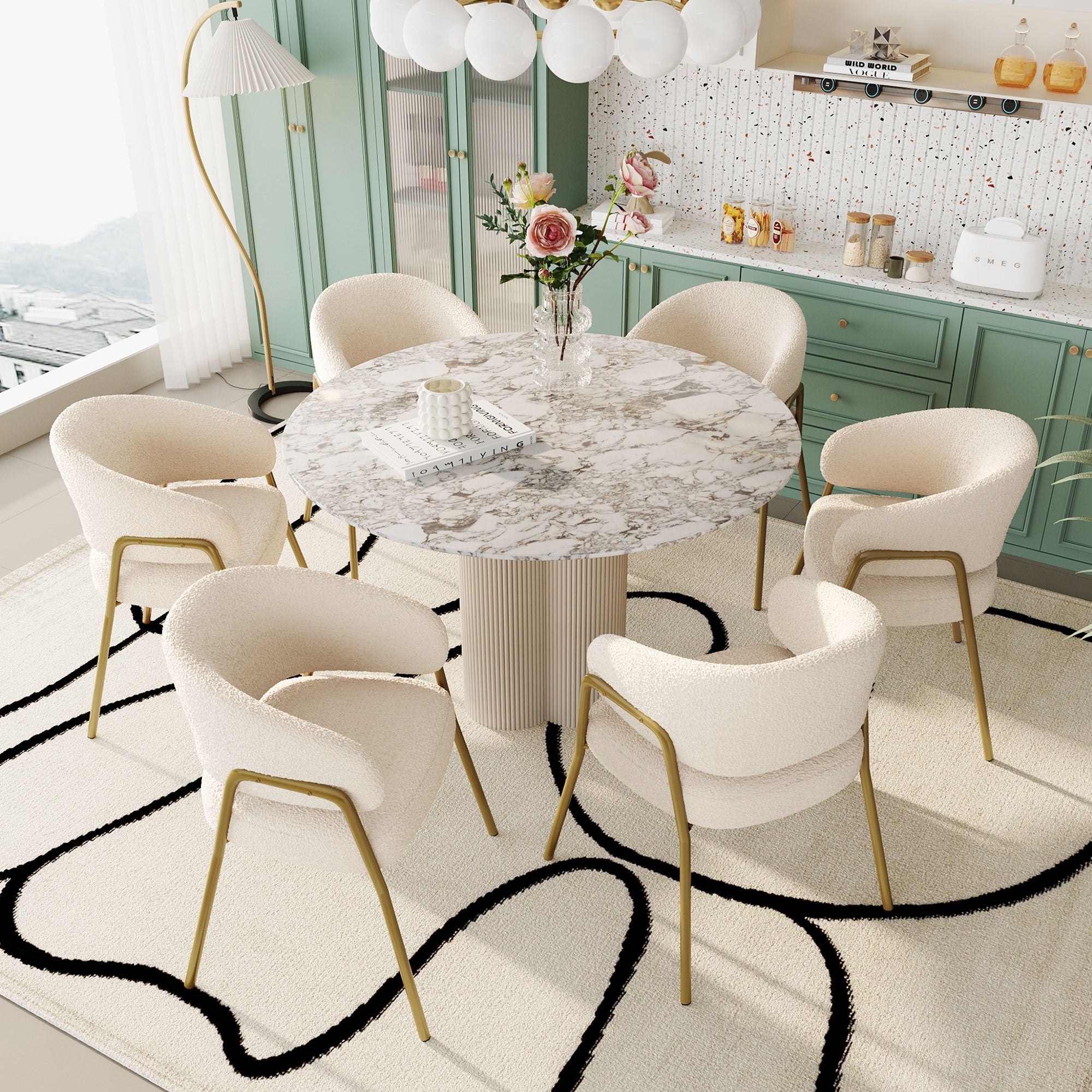 Dining Chair (Set of 6) Modern Lambskin Velvet Upholstered Golden Legs White/Gold