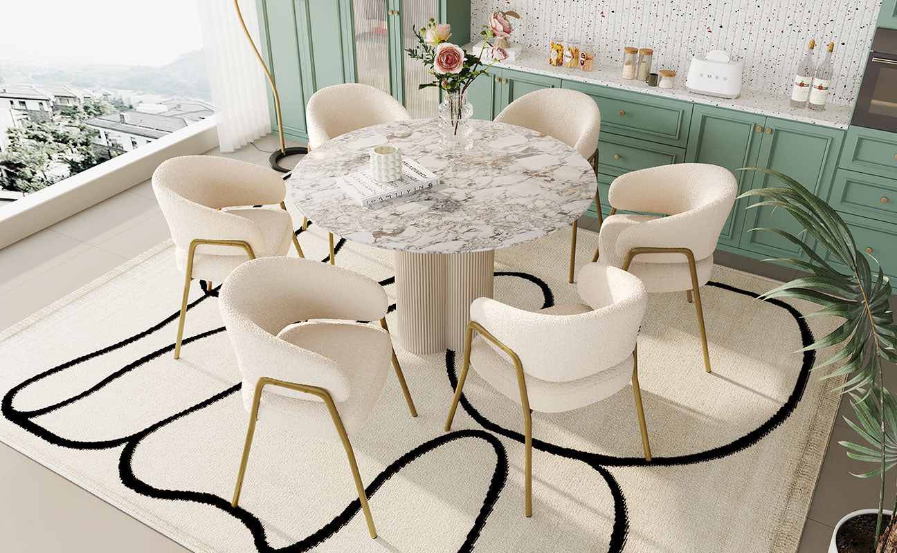 Dining Chair (Set of 6) Modern Lambskin Velvet Upholstered Golden Legs White/Gold