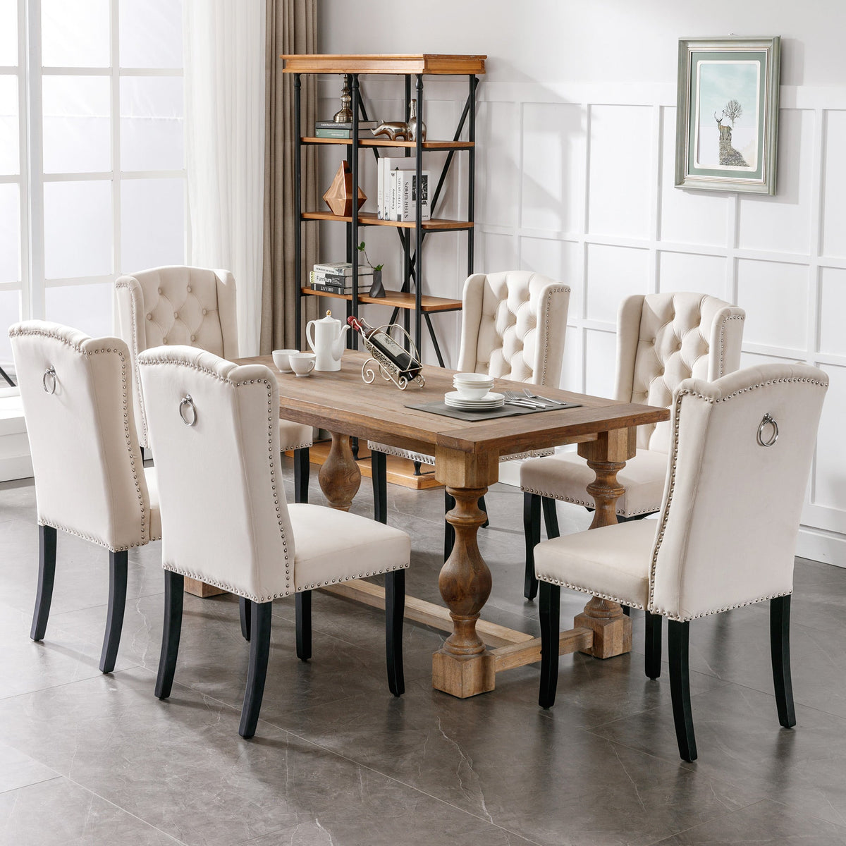 Velvet Dining Chairs Set of 2 Knocker Trim Oak Legs - Beige