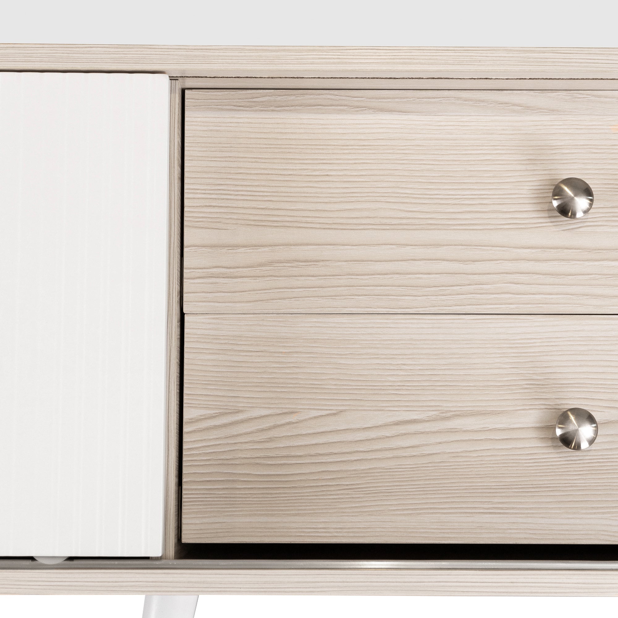 TV Cabinet, Two Drawers, Sliding Doors, White and Natural Wood