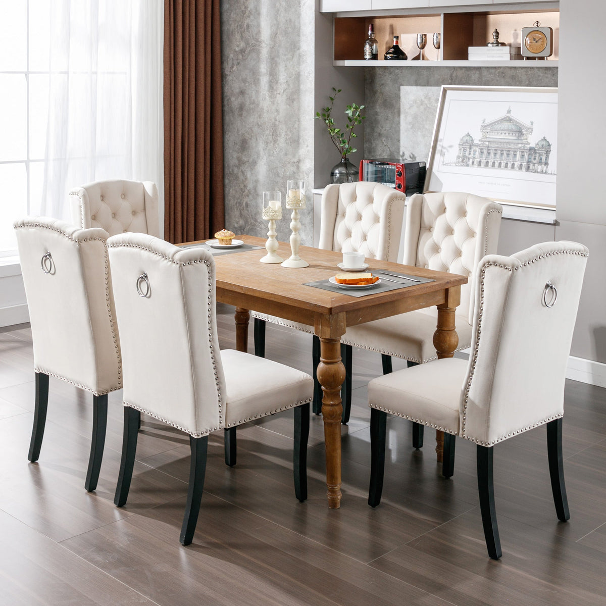 Velvet Dining Chairs Set of 2 Knocker Trim Oak Legs - Beige