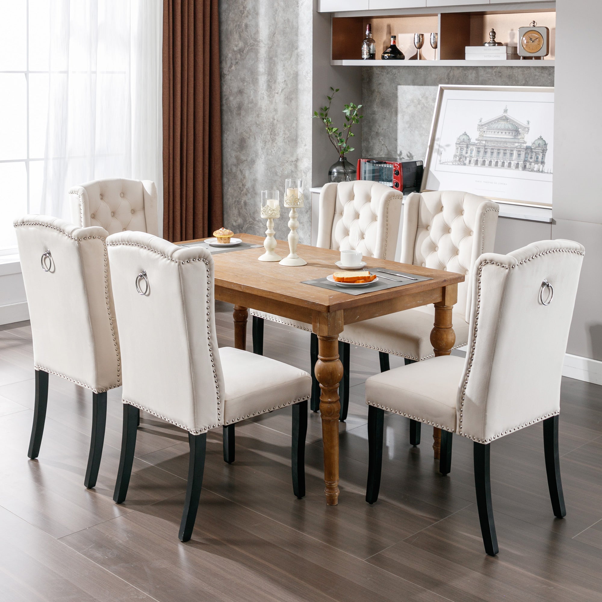 Velvet Dining Chairs Set of 6 with Oak Legs and Chrome Knockers, Beige