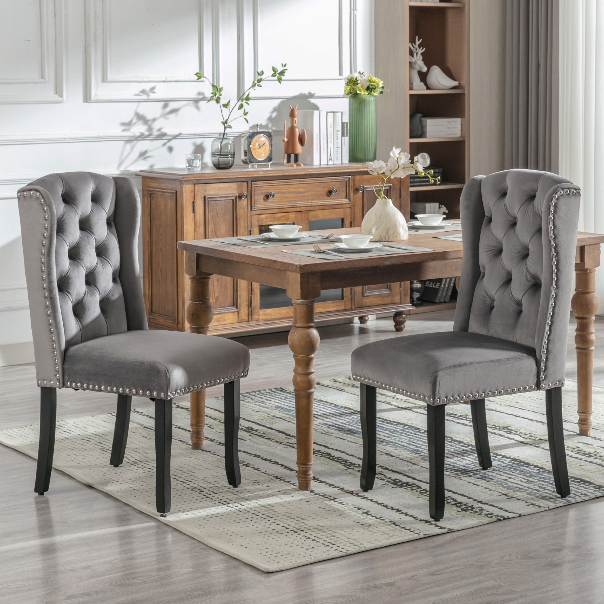 Velvet Dining Chairs Set of 4 with Oak Legs and Chrome Knockers, Grey