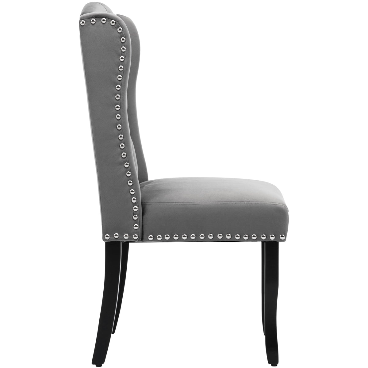 Velvet Dining Chairs Set of 6 | Oak Legs Chrome Knocker Nailhead Trim - Grey