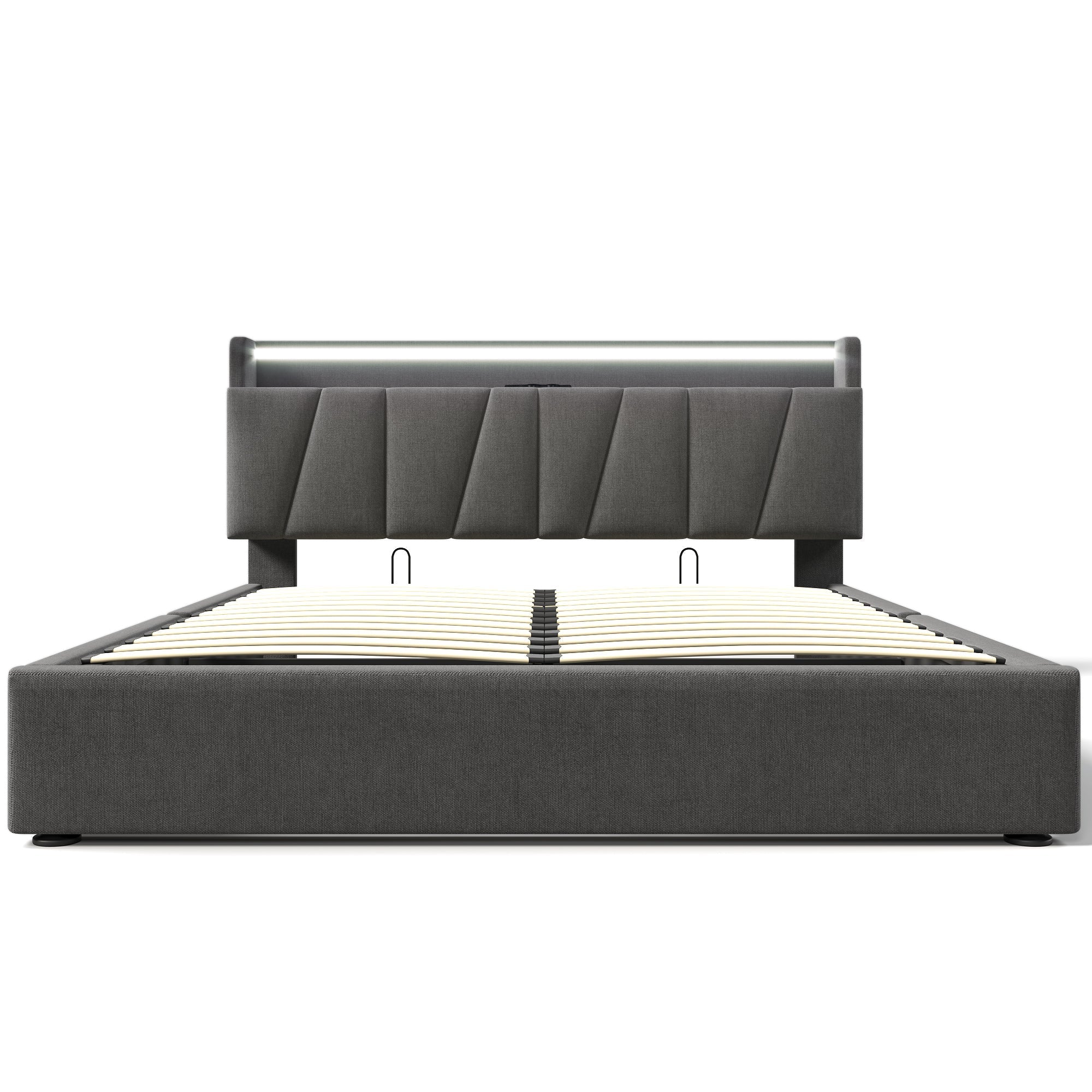 Upholstered Double Bed, 160x200cm, USB Charging, LED Lighting, Storage Headboard, Gray
