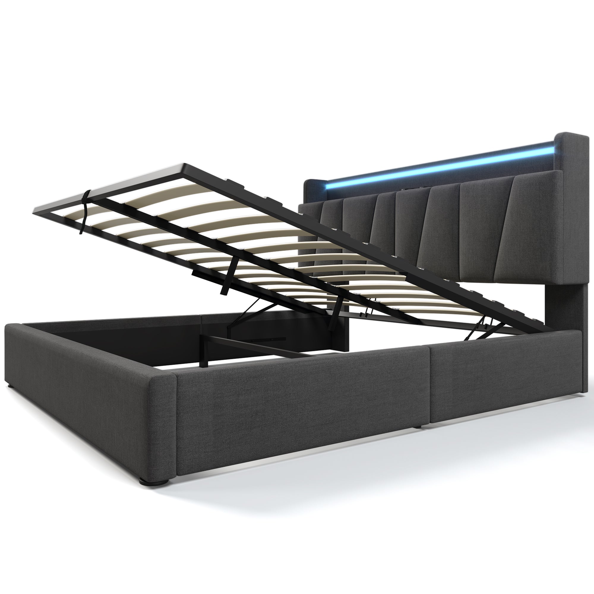 Upholstered Double Bed, 160x200cm, USB Charging, LED Lighting, Storage Headboard, Gray