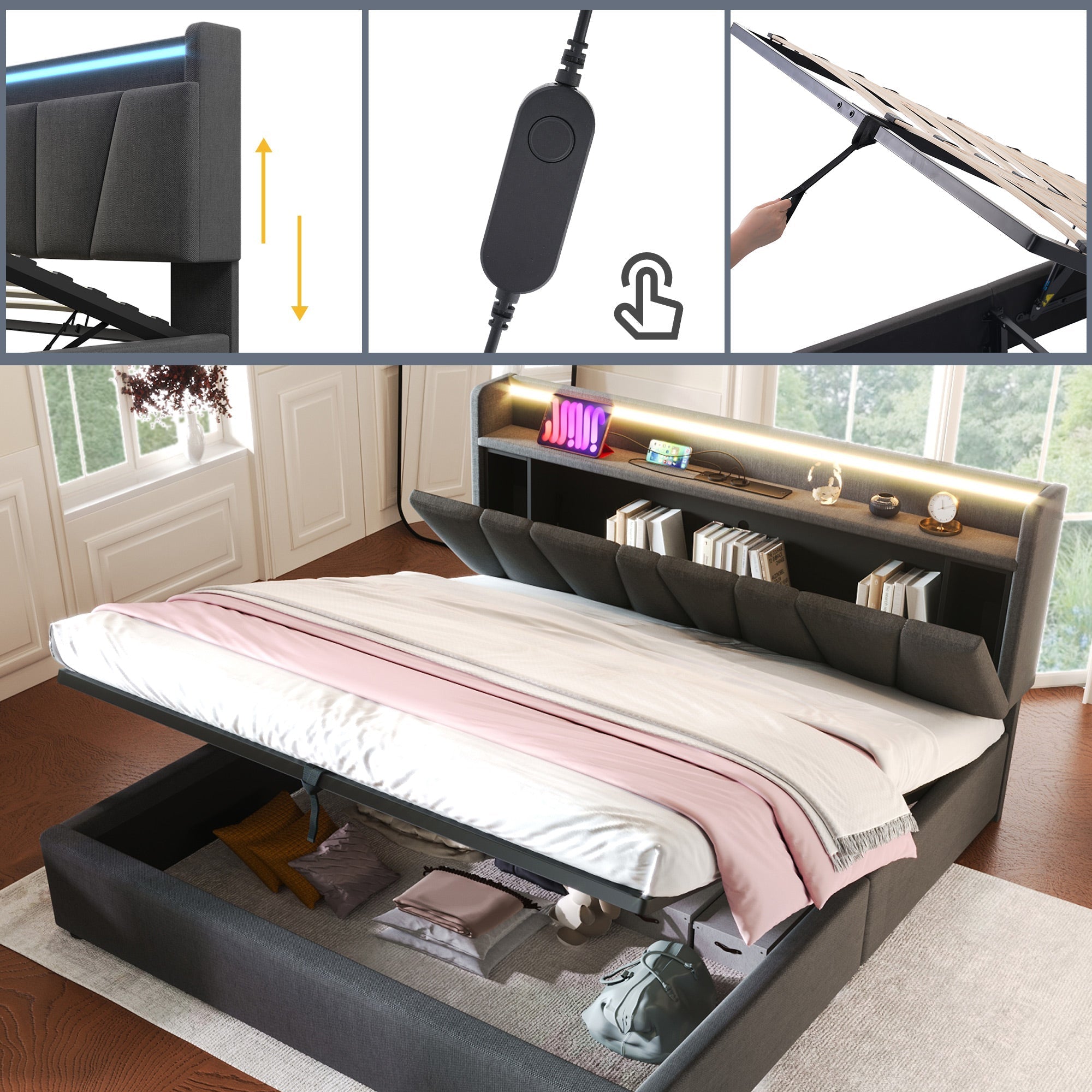 Upholstered Double Bed, 160x200cm, USB Charging, LED Lighting, Storage Headboard, Gray