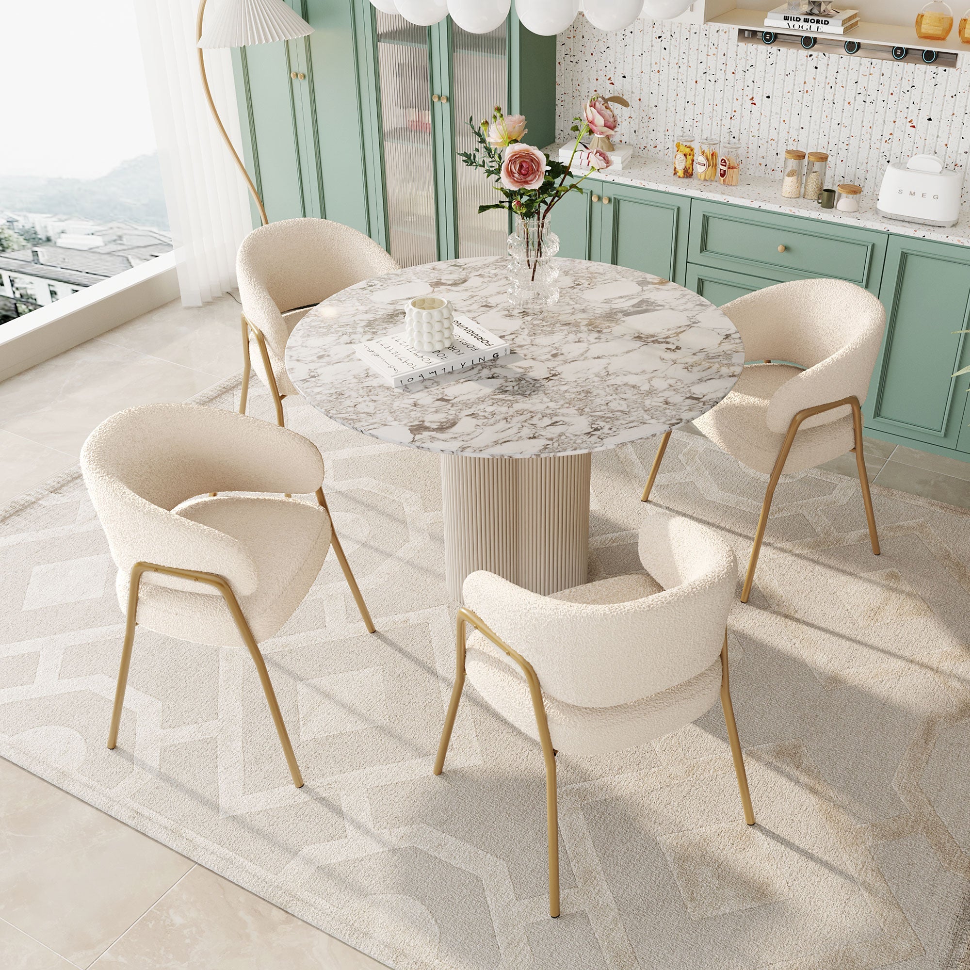 Dining Chair (4 pcs) Modern Lambskin Velvet with Golden Legs White/Gold Finish