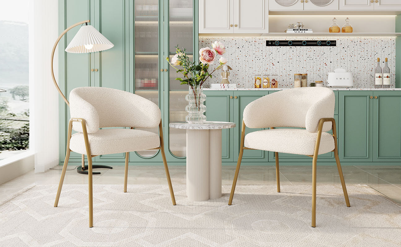 Dining Chair (Set of 2), Modern Lambskin Velvet with Golden Legs, White/Gold