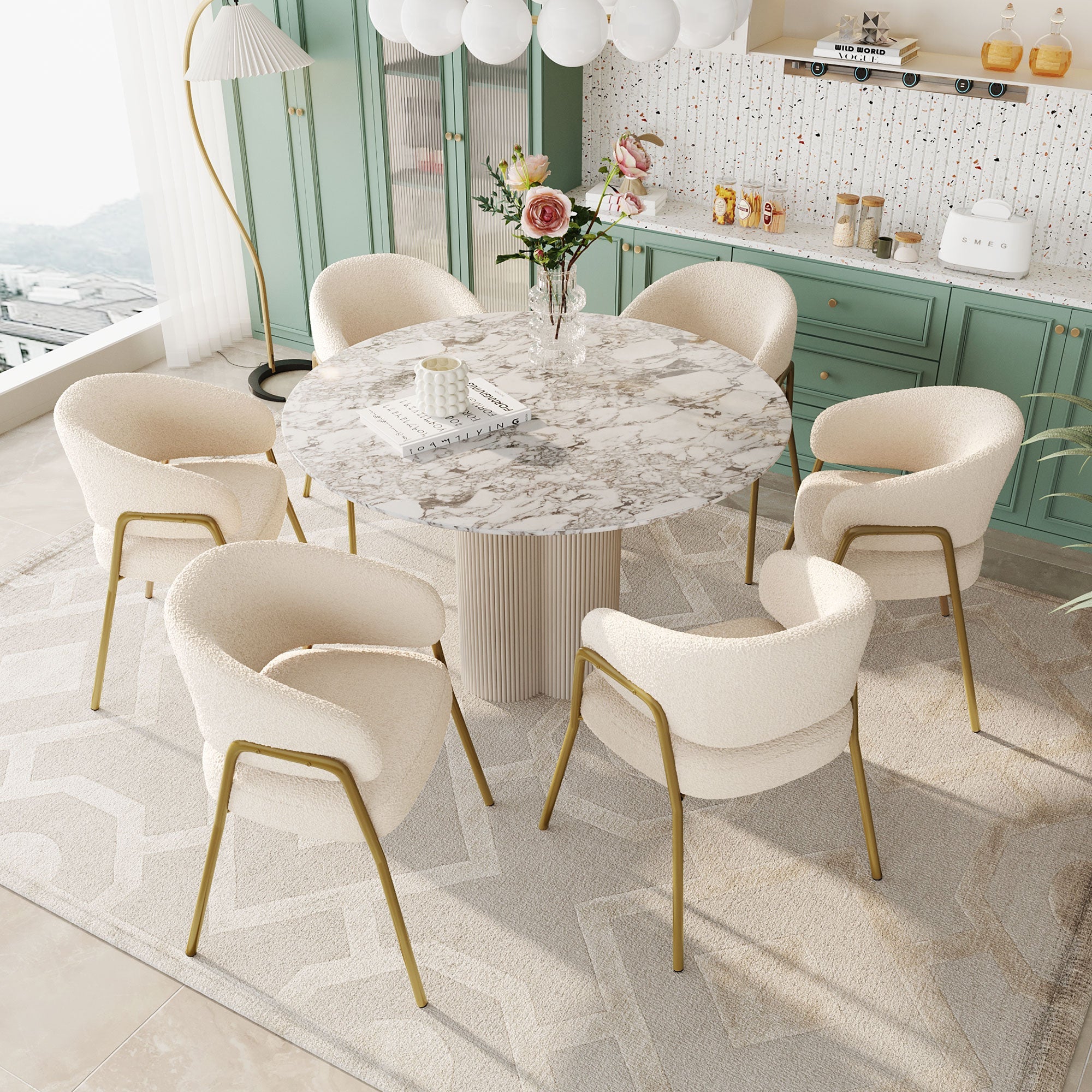 Dining Chair (Set of 6) Modern Lambskin Velvet Upholstered Golden Legs White/Gold