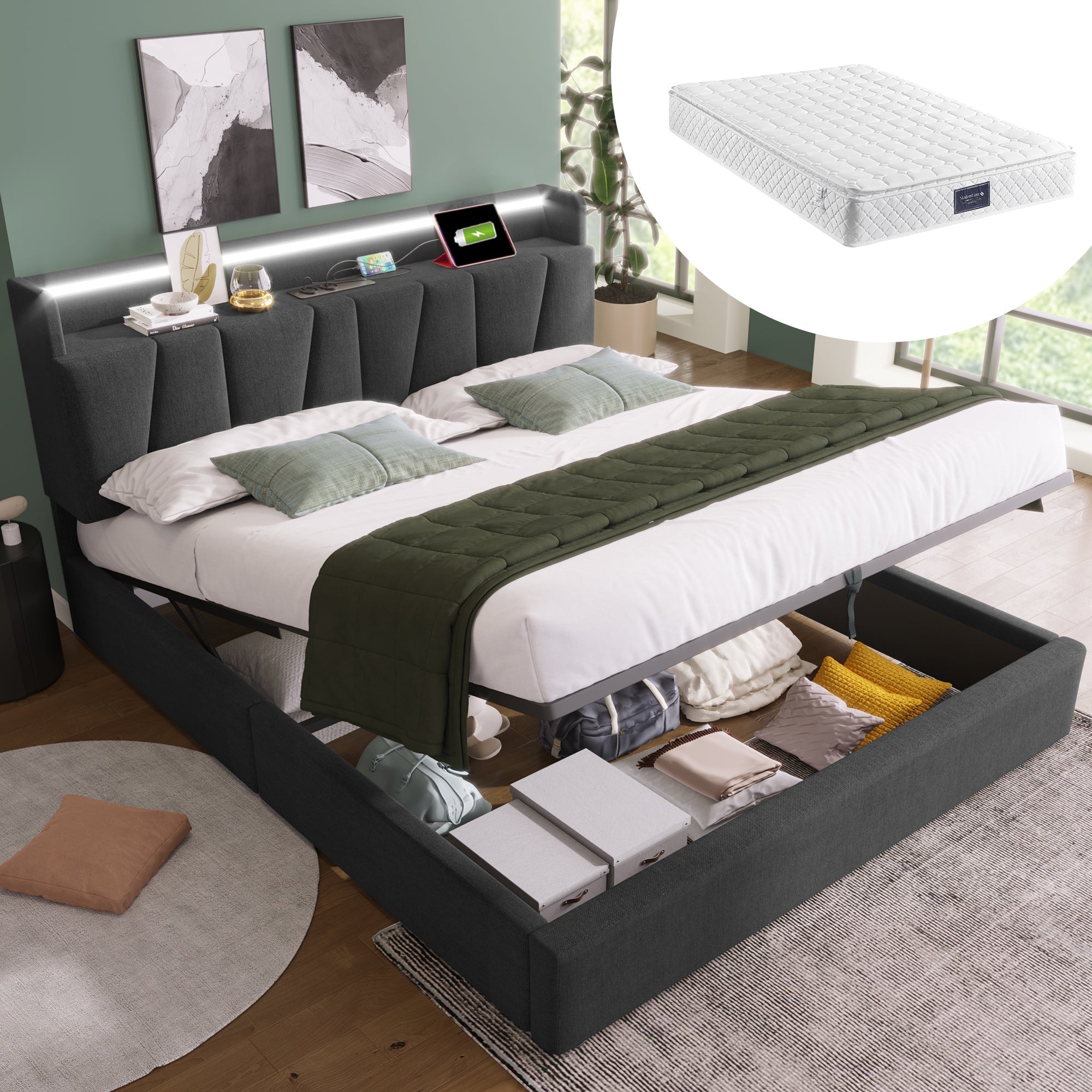 Upholstered Double Bed, USB Charging, Storage Headboard & LED, 160x200cm, Gray