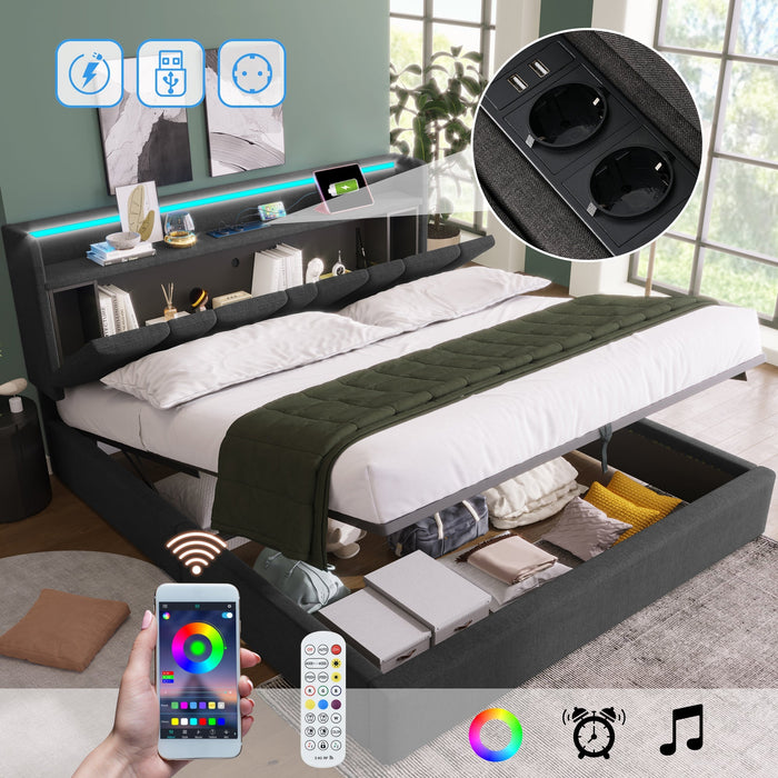Upholstered Double Bed, 160x200cm, USB Charging, LED Lighting, Storage Headboard, Gray