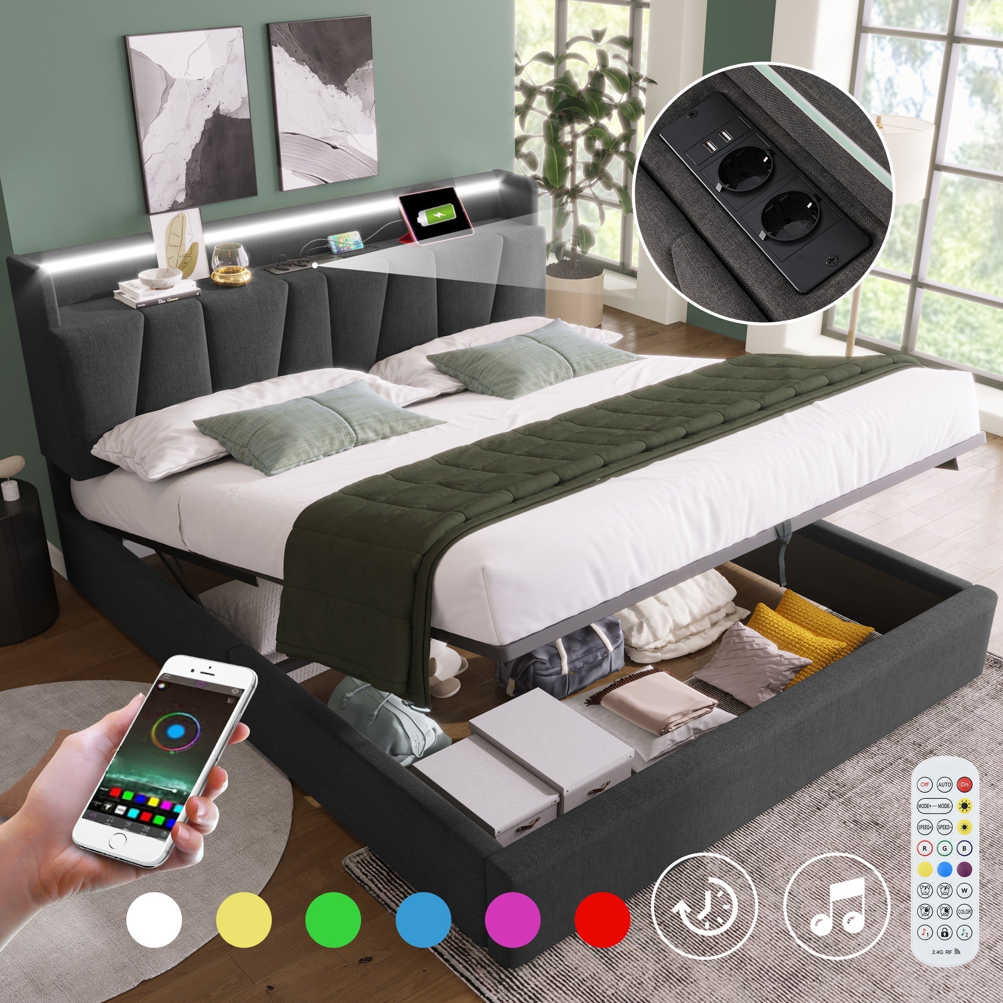 Upholstered Double Bed, 160x200cm, USB Charging, LED Lighting, Storage Headboard, Gray